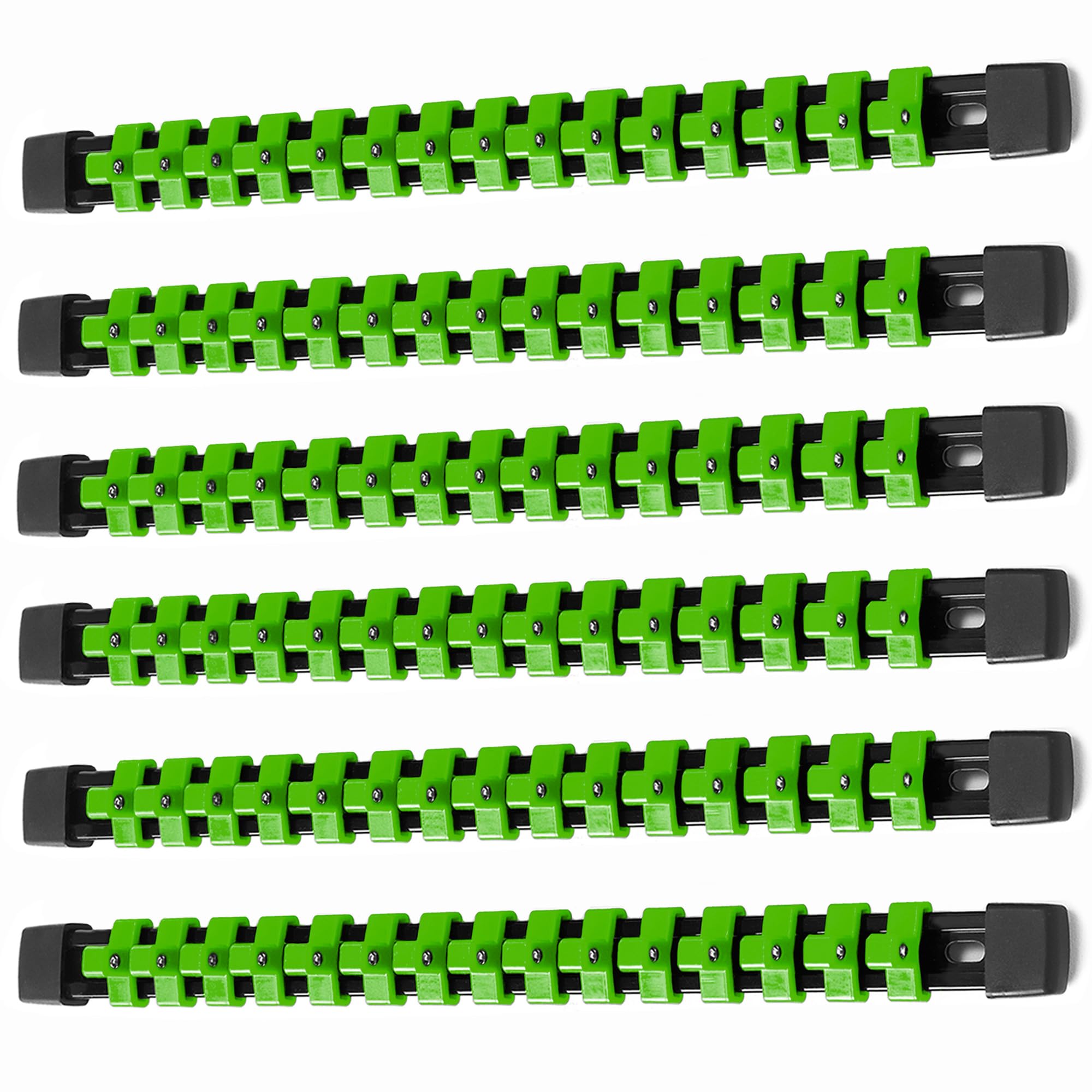 ALOANES 6PC ABS Socket Organizer, Socket Rails Fit 3/8 inch Drive, Heavy Duty Socket Holders Hold up to 90 Sockets, Black Rails with Green Clips