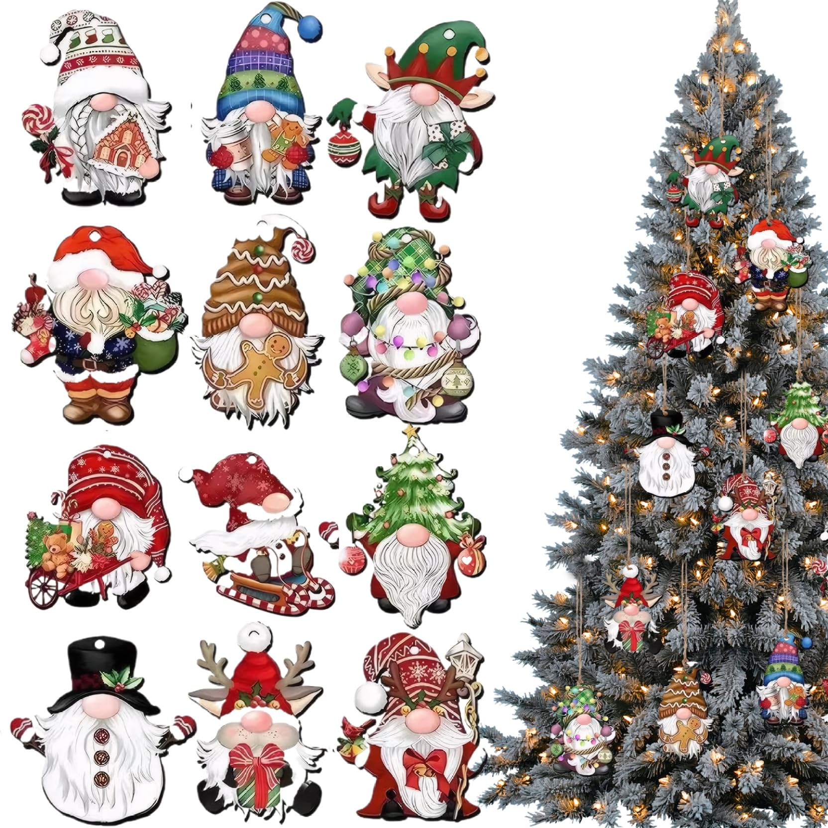 Peosaard 48Pcs/2Sets Christmas Ornaments, 48 Pcs Christmas Tree Ornaments, Wooden Gnomes Pendant With Hanging Rope 3.15" Xmas Tree Hanging Ornament For Wreaths Garlands