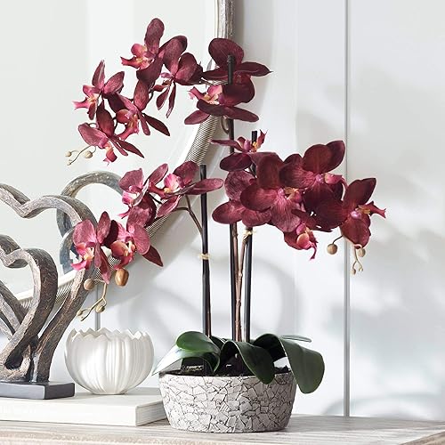 Studio 55D Arreglo floral artificial de seda en maceta, orquídea roja realista en jarrón gris agrietado para decoración del hogar, sala de estar,