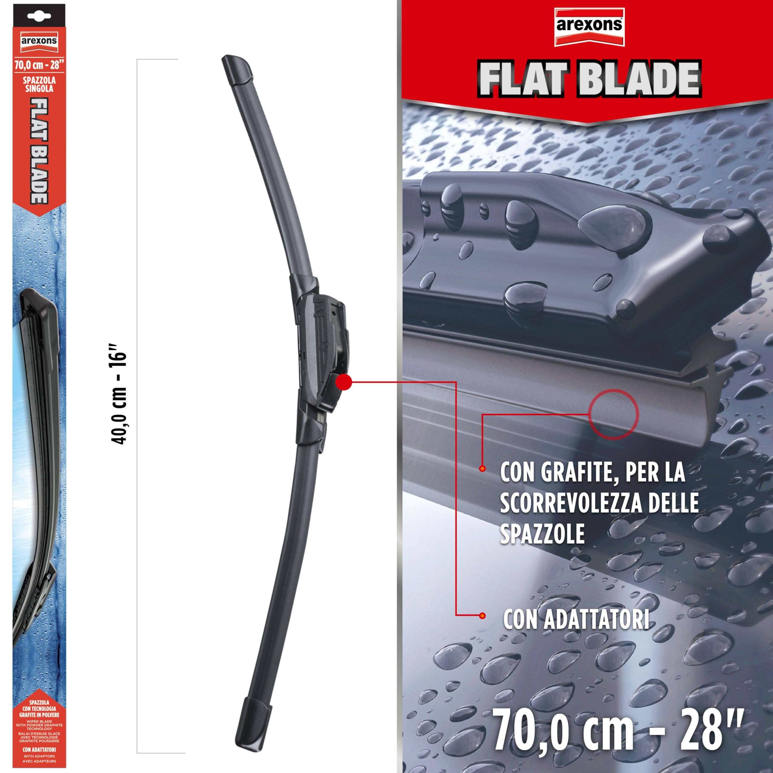 AREXONS - Spazzola Flat Blade 70cm con Kit Adattatori per Tergicristalli Tradizionali e Nuova Generazione, Design Aerodinamico, Gomma Grafitata, Struttura Plastica Alta Resistenza - 2
