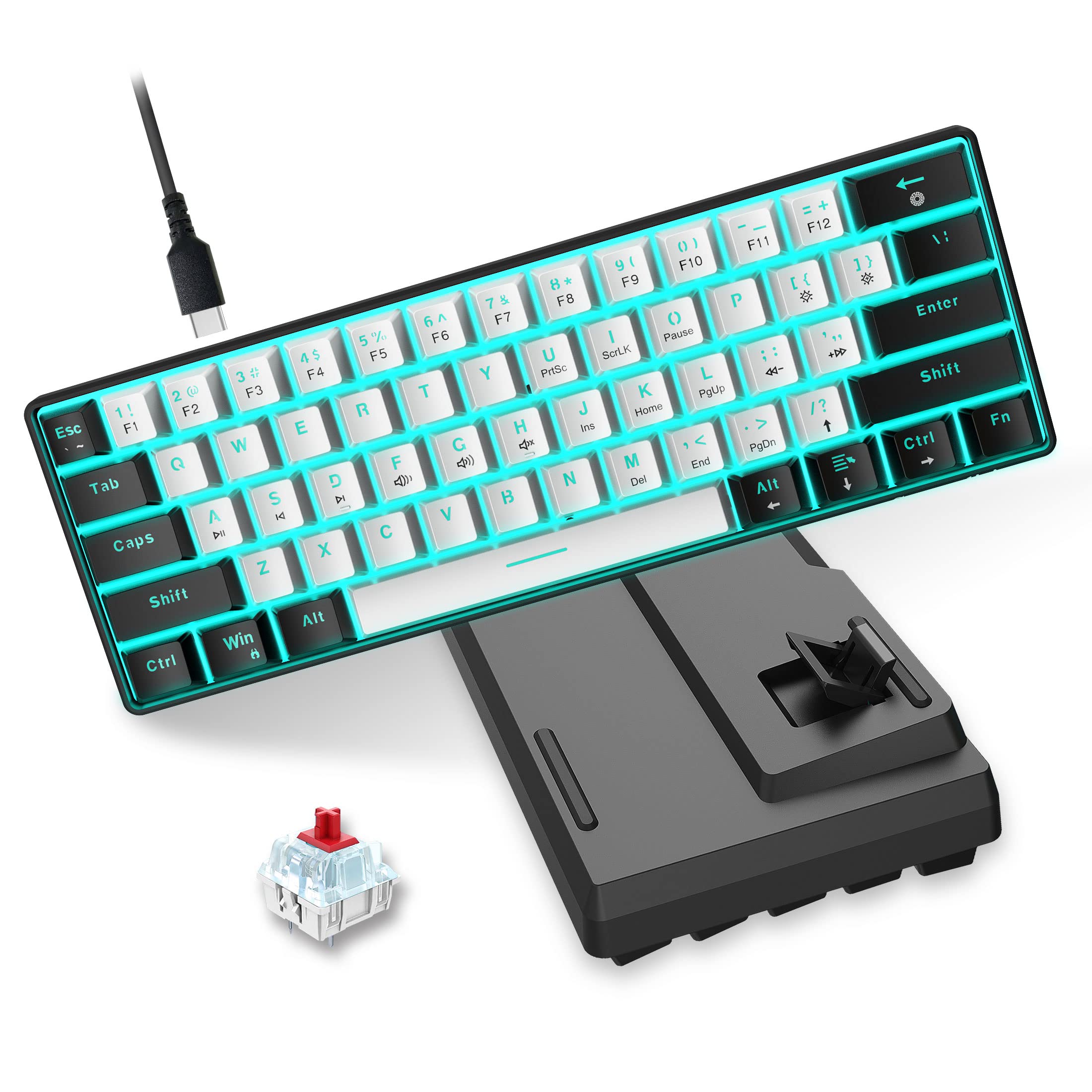 Snpurdiri 60% tastiera meccanica da gaming cablata, 61 tasti anti-ghosting, retroilluminazione LED blu, ultracompatta con due supporti (interruttore rosso/nero bianco)