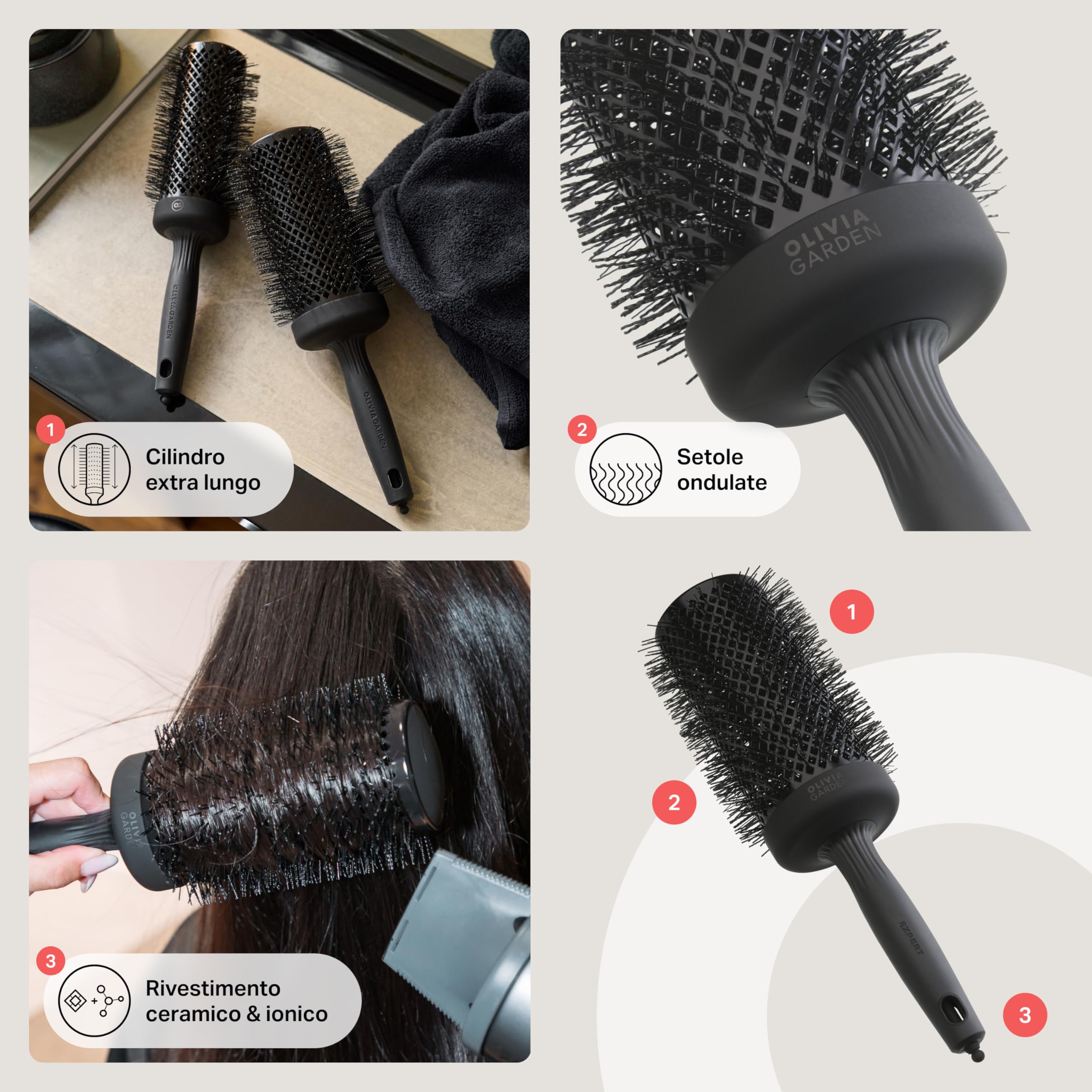 Olivia Garden Expert Blowout Speed Black Label – Nero opaco - 65 - Spazzola rotonda in ceramica con corpo extra lungo per messe in piega 25% più veloci