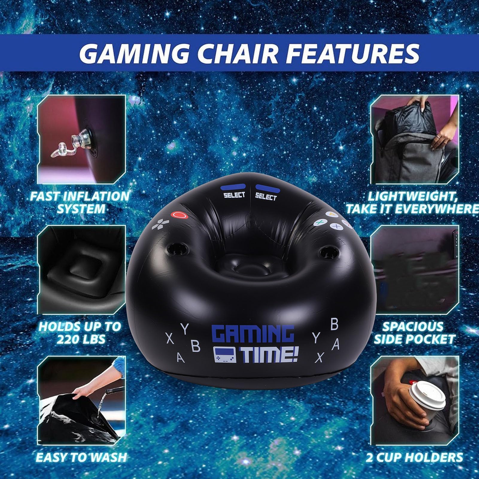 Poltrona da Gaming Gonfiabile, a Sacco, con Portabicchieri e Tasche Laterali, Supporta Fino a 100 Kg, Ideale per la Sala Giochi dei ragazzi.