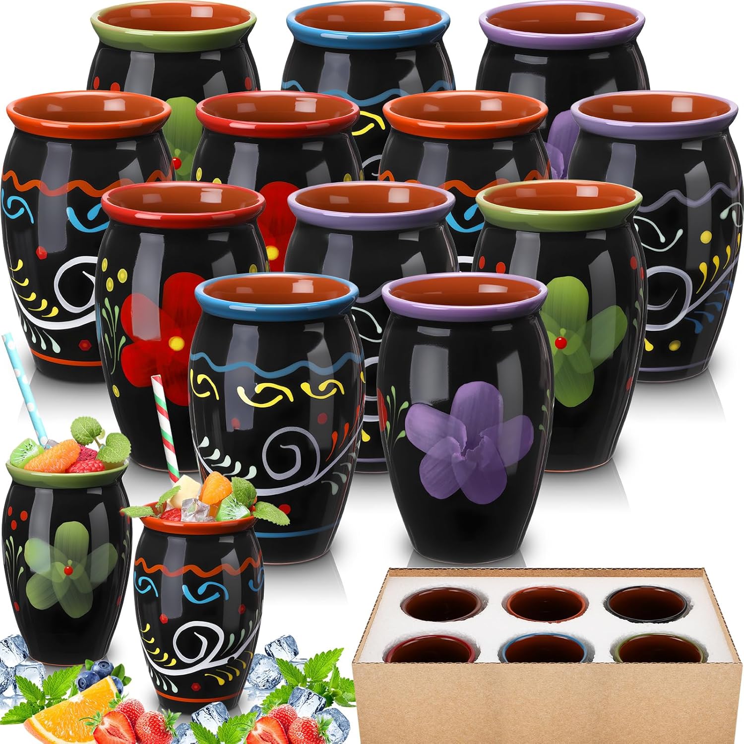 Gejoy 12 Pack 12oz Cantaritos de Barro Mexicanos Mexican Clay Cup Pottery Fiesta De Barro Mexicanos Cocktail Cups Coffee Mugs Cocktail Tea Glasses for Margaritas Mojitos (Dark,Black)