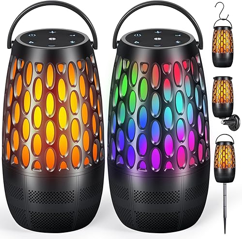 Altavoces para exteriores mejorados con llama y luces RGB, estéreo HD de 10 W, emparejamiento automático Bluetooth 5.3, multisincronización de más