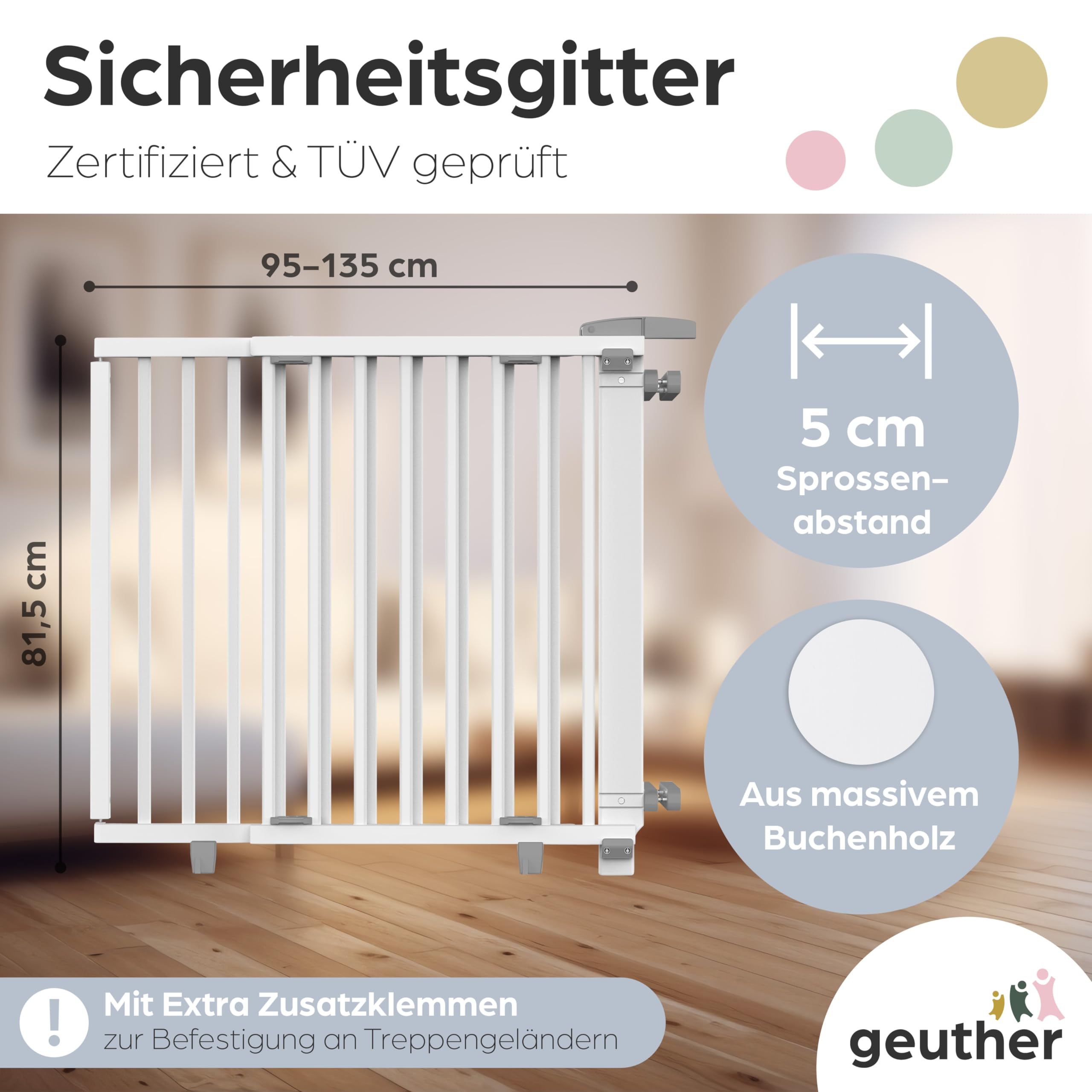 Geuther Treppenschutzgitter Oris | Türschutzgitter zum Anschrauben, Breite 95-135 cm, Stabiles Türgitter mit Schwenktür, Kindergitter Holz, Weiß