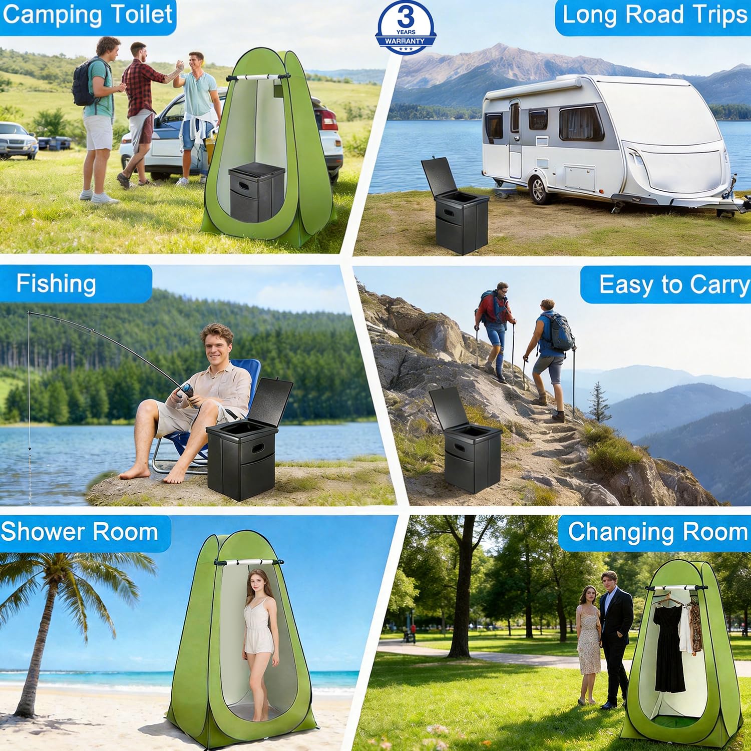 Kit de inodoro portátil con tienda desplegable de privacidad, baño todo en uno al aire última intervensión y vestuario con asiento de inodoro de camping, bolsas de desechos, luz LED para camping