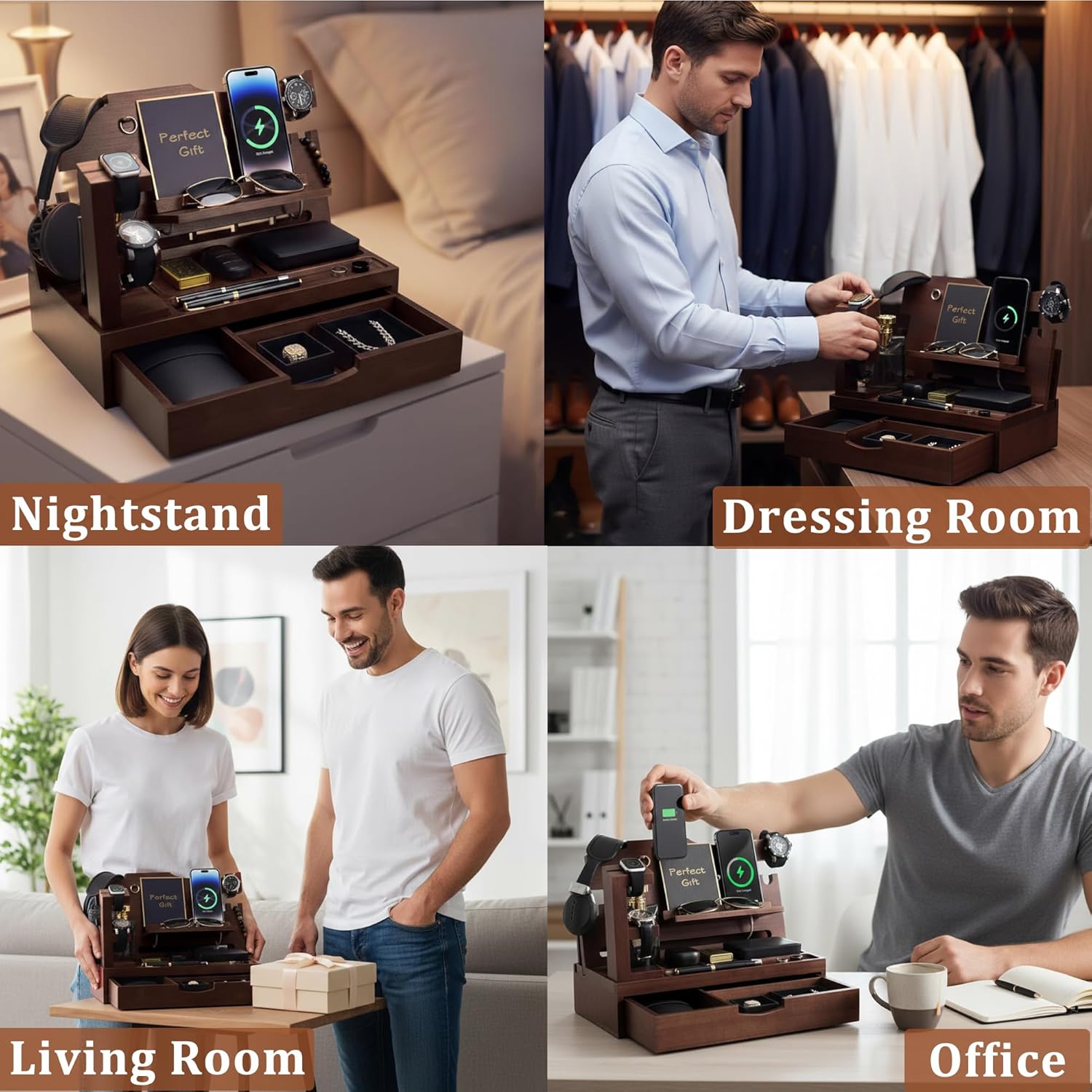 Nightstand Organizer for Men with Large Drawer, Wood Phone Docking Station for Phone, Apple Watch, Wallet & Keys, Ideal Birthday Gift for Father Husband, Bedside Desk Organizer (Espresso)