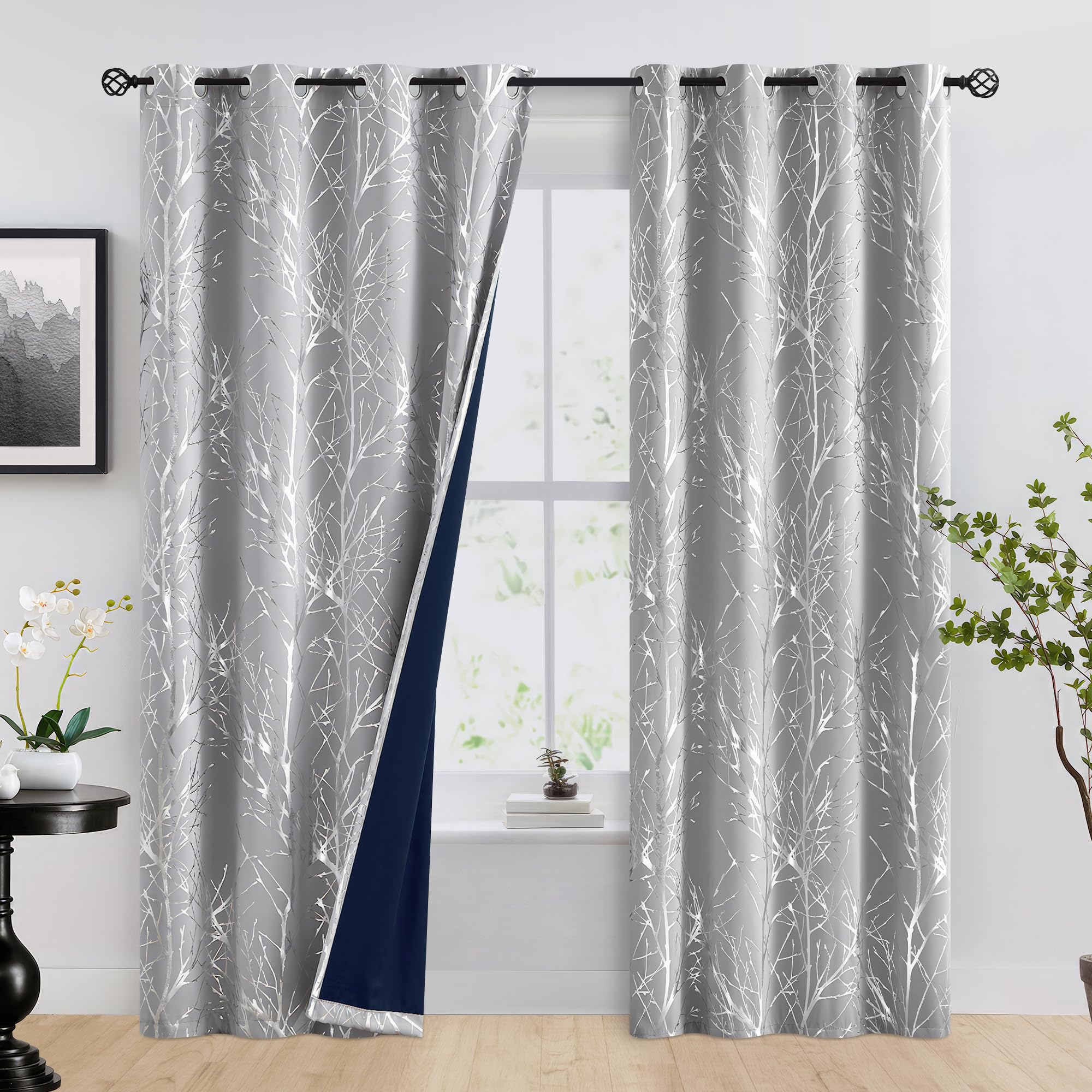 FMFUNCTEX Lot de 2 Rideaux 100% occultants pour Chambre à Coucher – Rideaux à œillets avec Motif d'arbre argenté sur Gris – Rideaux occultants à Isolation Thermique avec œillets – 243,8 cm de Long