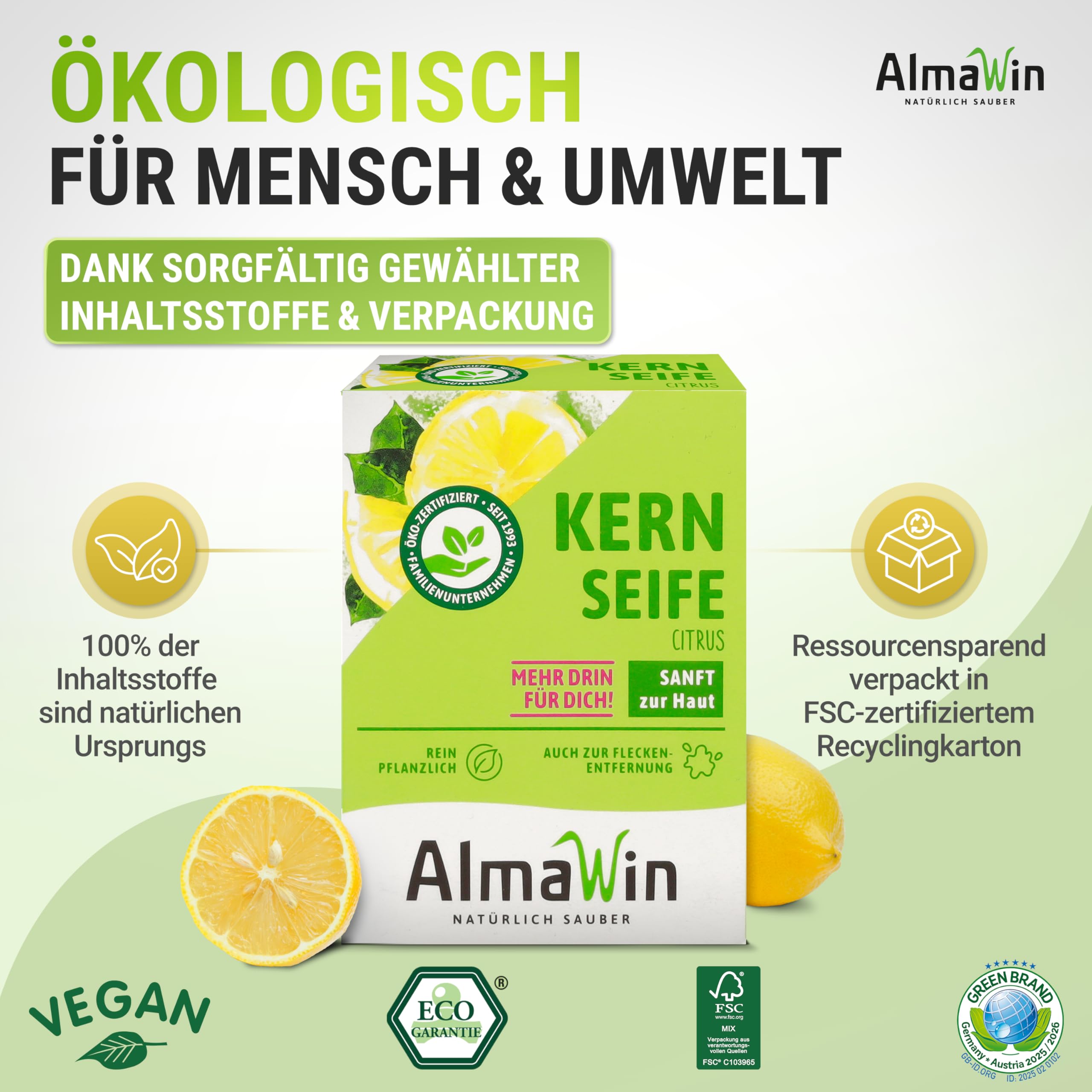 AlmaWin® Kernseife mit zartem Zitronenduft [24x 100g] - Stückseife für sanfte Hautreinigung - Vegane Seife Bio für gründliche Reinigung in Haushalt & Werkstatt - Kernseife Zitrone, Seife