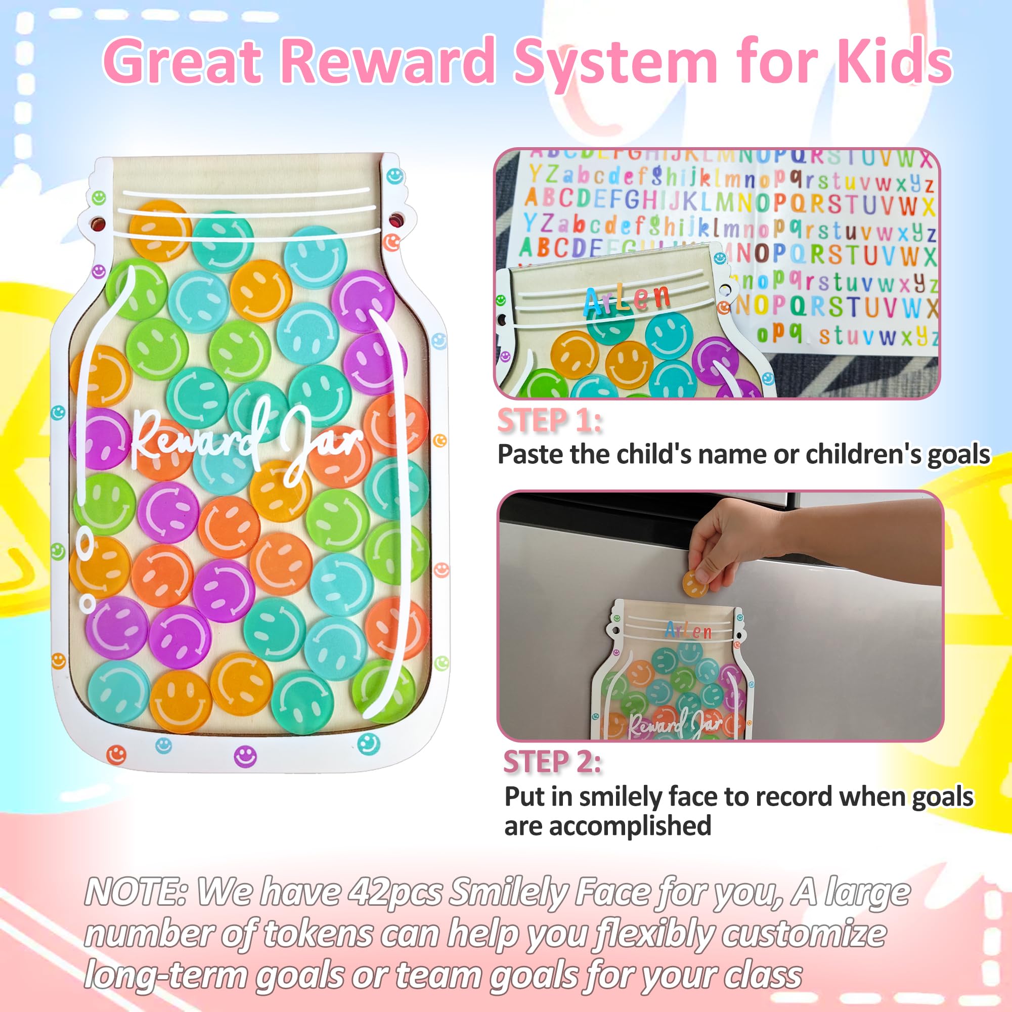 Magnetisches Belohnungsglas mit Smiley-Gesicht: Personalisiertes Smiley-Gesichter, ideal für Klassenzimmer-Belohnungssystem, 42 Stück Token Home Chore Diagramm, Lehrer, gutes Verhalten