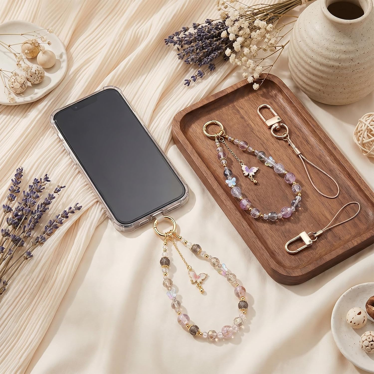 Yuanchu 2 Pcs Crystal Bead Phone Charm Wrist Strap, Butterfly Pendant Phone Chain Wristlet with Metal Chain Beaded Phone's Wrist Charm for Cellphone Bag Purse Keychain