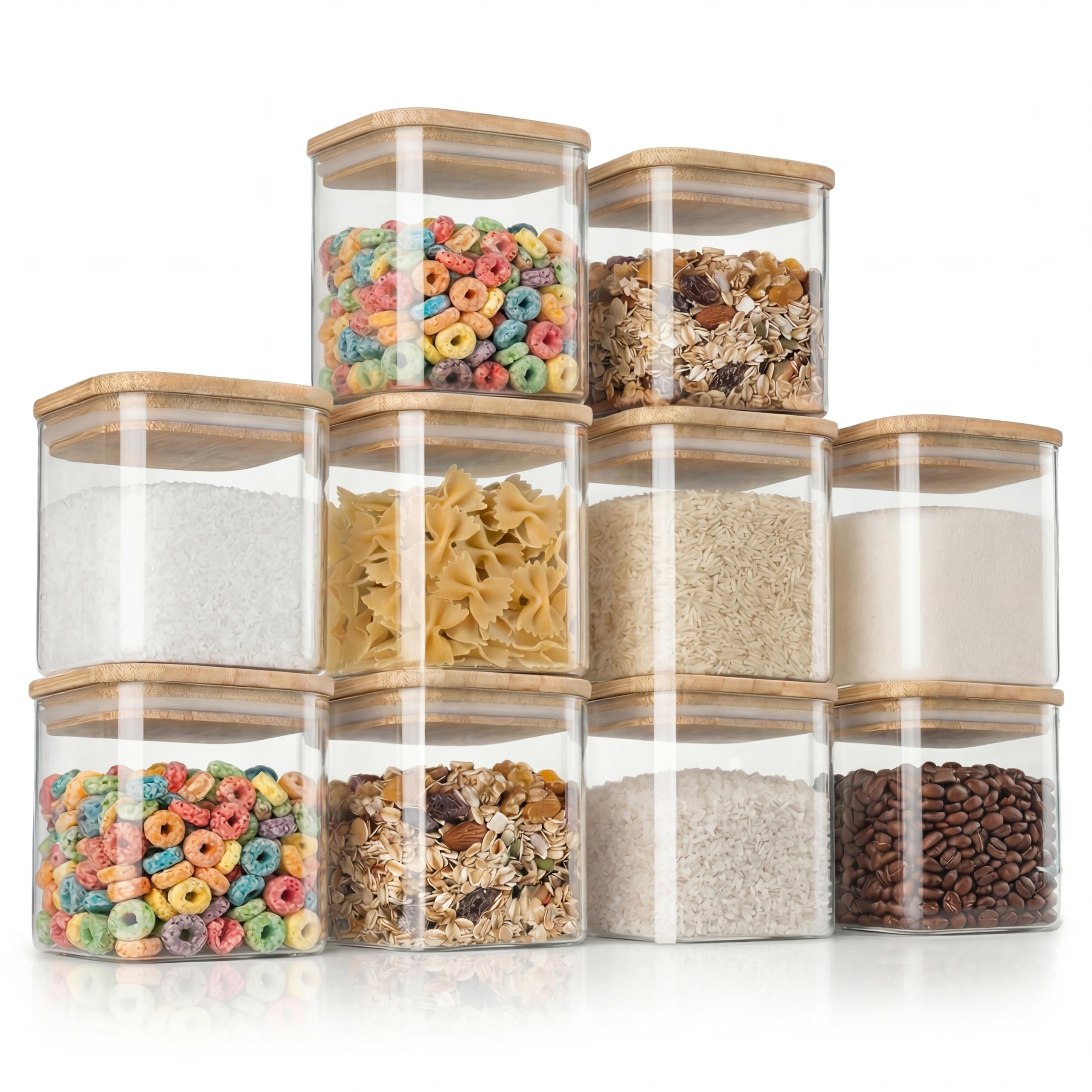 Arendo - Vorratsgläser mit Deckel - Set - Behälter aus Glas – hitzebeständig – Vorratsdosen mit Bambusdeckel - luftdicht - für Müsli Zucker Mehl Kaffee Reis