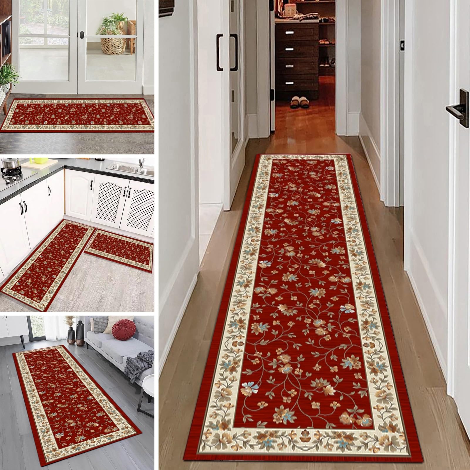 Tapis de cuisine lavable antidérapant rouge vintage long 80x270