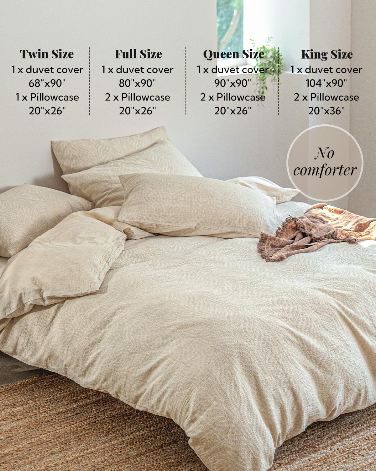 MILDLY Linen Cotton Duvet Cover - Jacquard Textured Wheat Ear Pattern Comforter Cover Set 2pcs with Zipper Closure Breathable & Minimalist for All Season