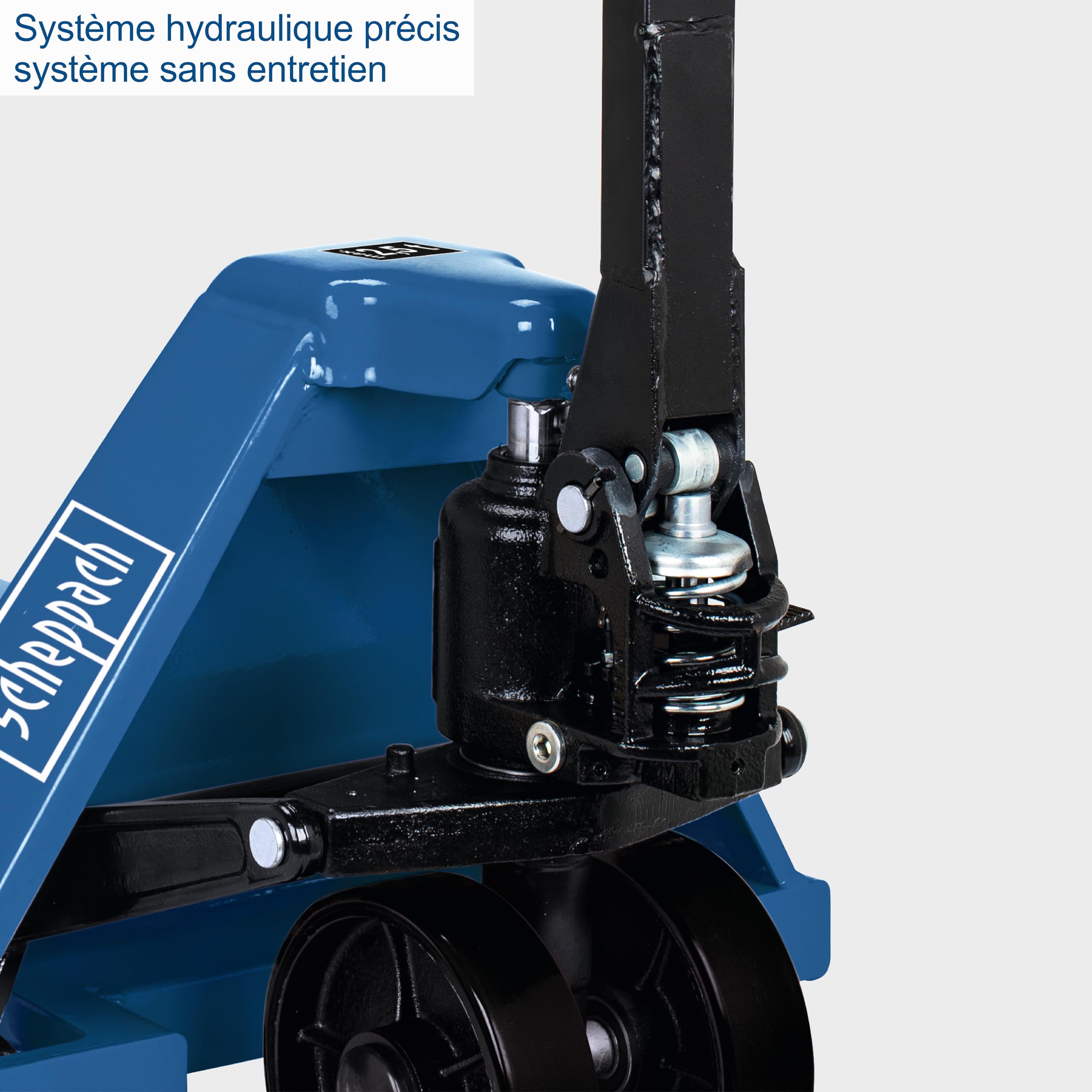 Scheppach Transpalette HW2500 | 2,5 t / 2500 kg capacité de Charge | Construction en Acier & Commande hydraulique sans Entretien | Roues Ø80mm | Volants Ø180mm | Idéal pour europalettes