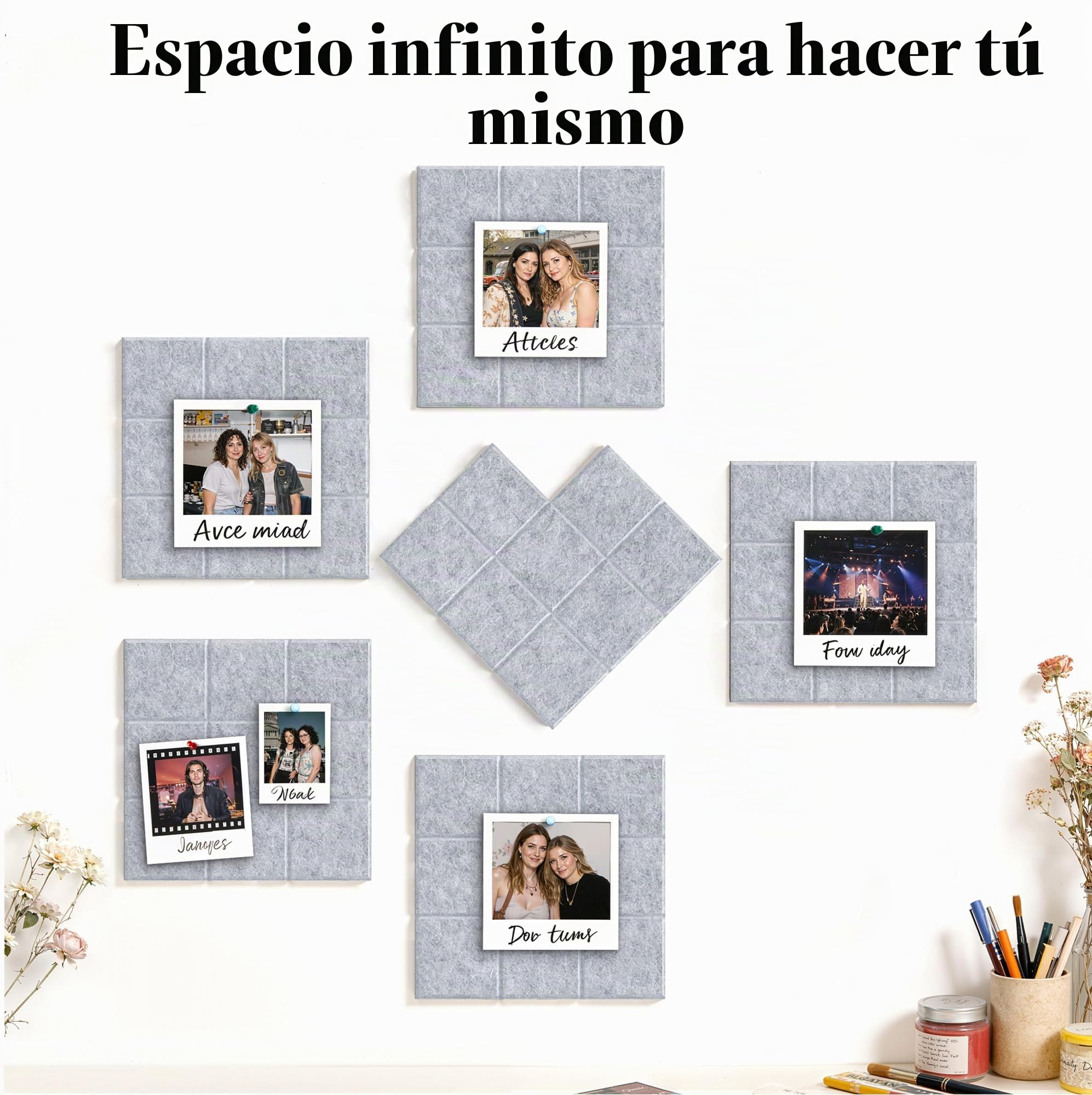 Gran Corcho Pared Autoadhesivo 30x30 cm - 6 Piezas Tablero de Corcho Fieltro para Oficina Casa - Tablón de Anuncios con 30 Chinchetas para Fotos Notas