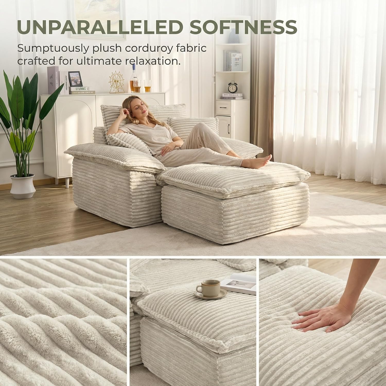 Boneless Cloud Sofa with Ottoman,47" Corduroy Comfy Couch for Living Room Furniture Sets, Compressed Couch with Footstool & Throw Pillow Cushion for Small Spaces,No Assembly Needed,White