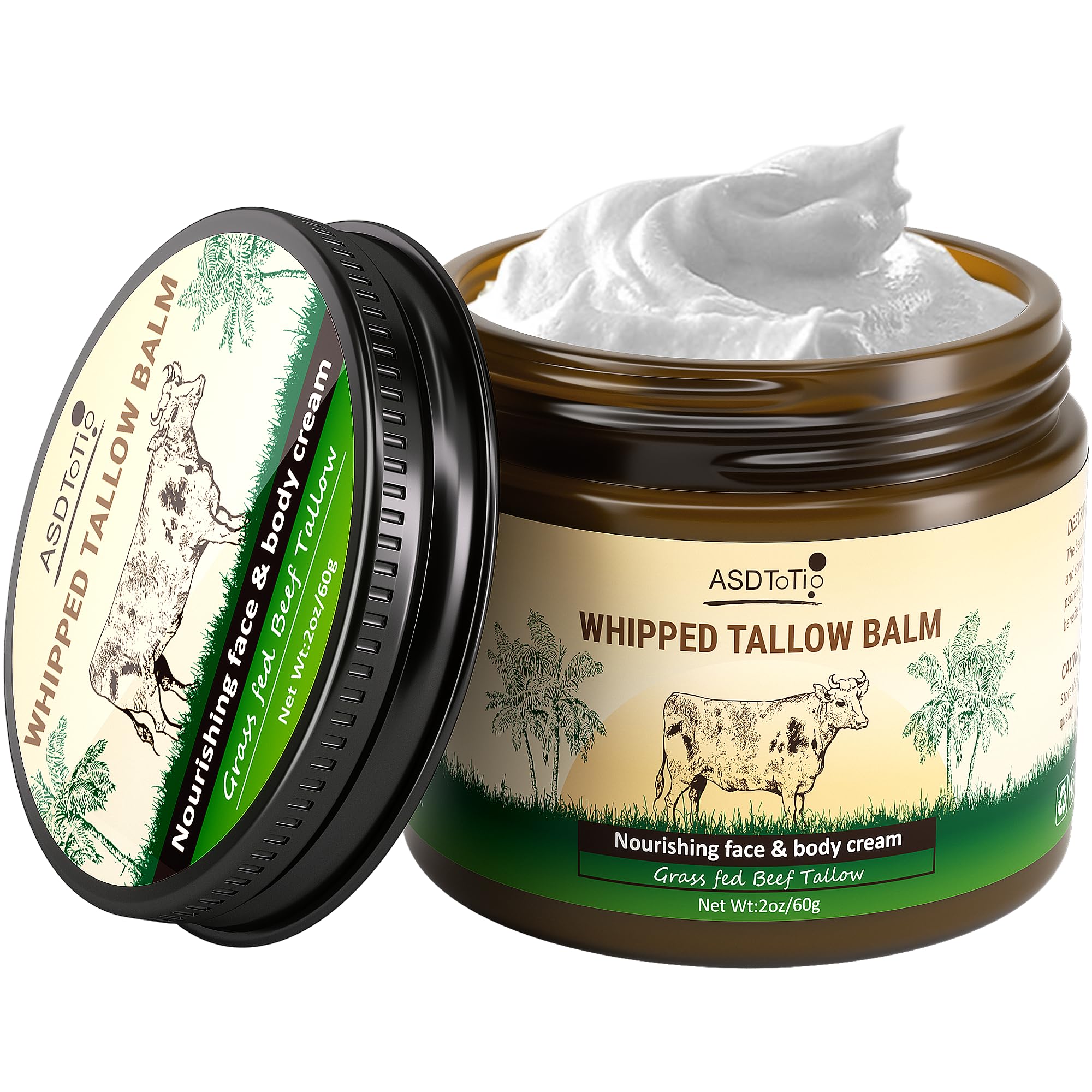 ASDToTio Handmade Whipped Tallow Balm for Skin Care- All Natural Grass Fed Beef Tallow All Purpose Balm,Face and Body Moisturizing Cream, Tallow Balm For Dry Skin- 2 oz