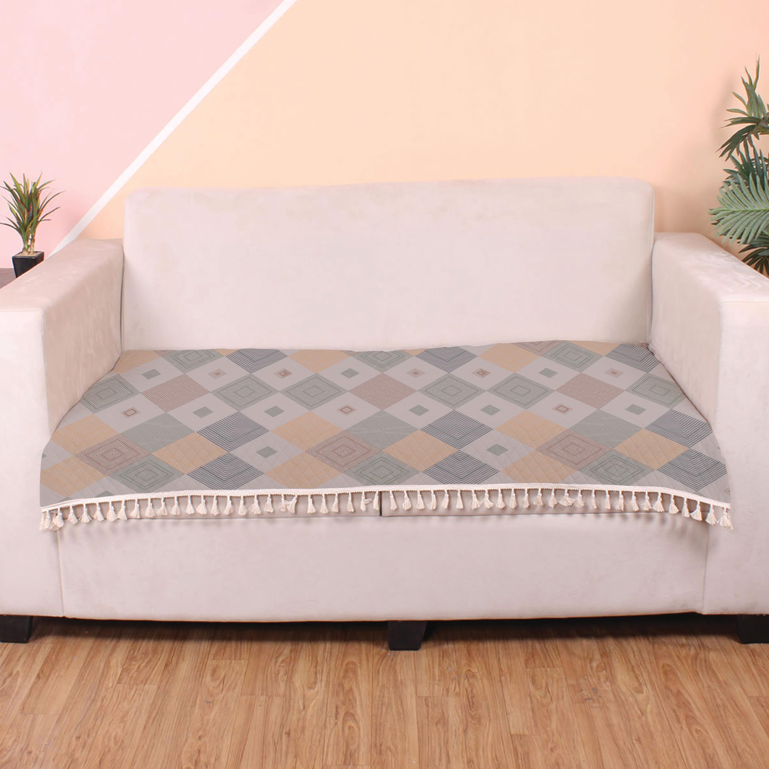 BRICK HOME 3 Seater Printed Quilted Velvet Sofa Slip Cover Protector with Tassels (Abstract Rhombuses)-image-26