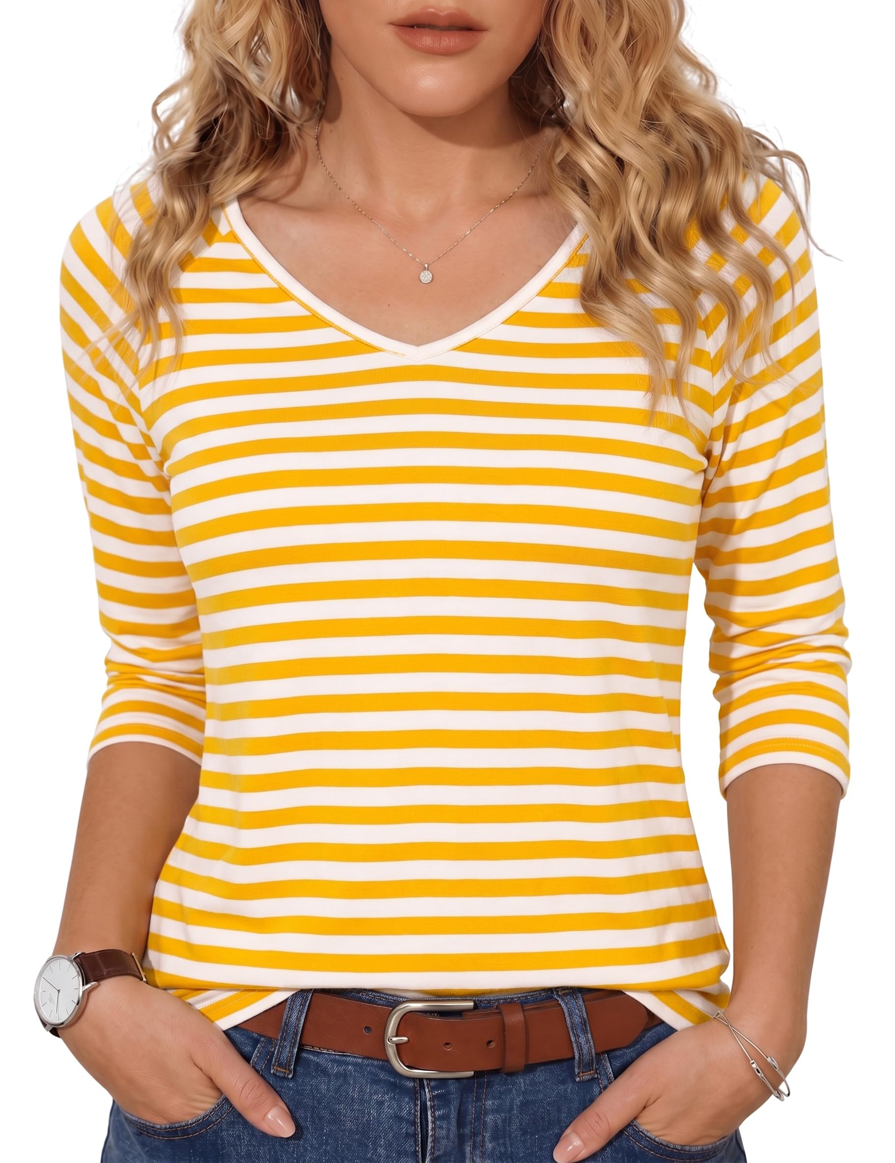 Terecey Maglietta Donna Manica a 3/4 Scollo V a Righe Top Casual Elegante | Scollo V Fine Righe Classiche Manica Tre Quarti Linea Slim Look Casual Chic Ufficio Appuntamenti Tempo Libero Mezza Stagione
