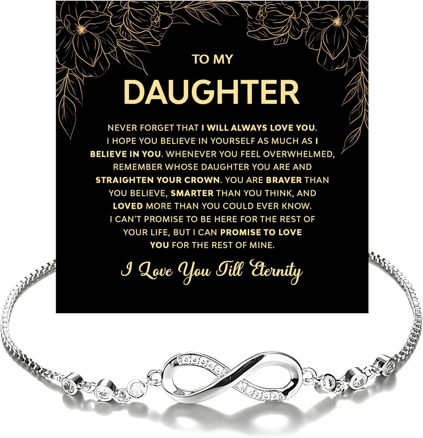 Daughter Infinity Heart Bracelet, I Love You, Jewelry Gift From Mom or Dad With Heartfelt Message & Elegant Box V6