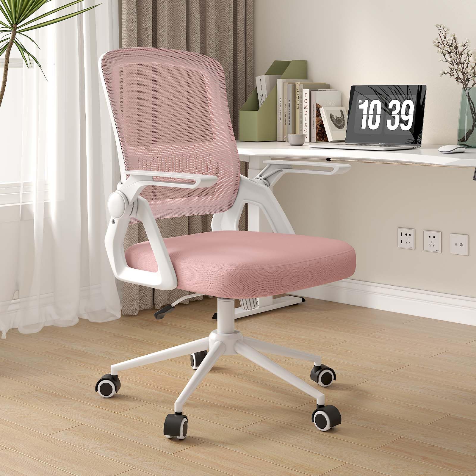 naspaluro Silla de Oficina con Reposabrazos Plegables, Silla Escritorio Ergonómica, Giratoria Ordenador de Malla, Soporte Lumbar, Regulable en Altura, Adecuada para la Oficina en Casa, Estudio, Rosa