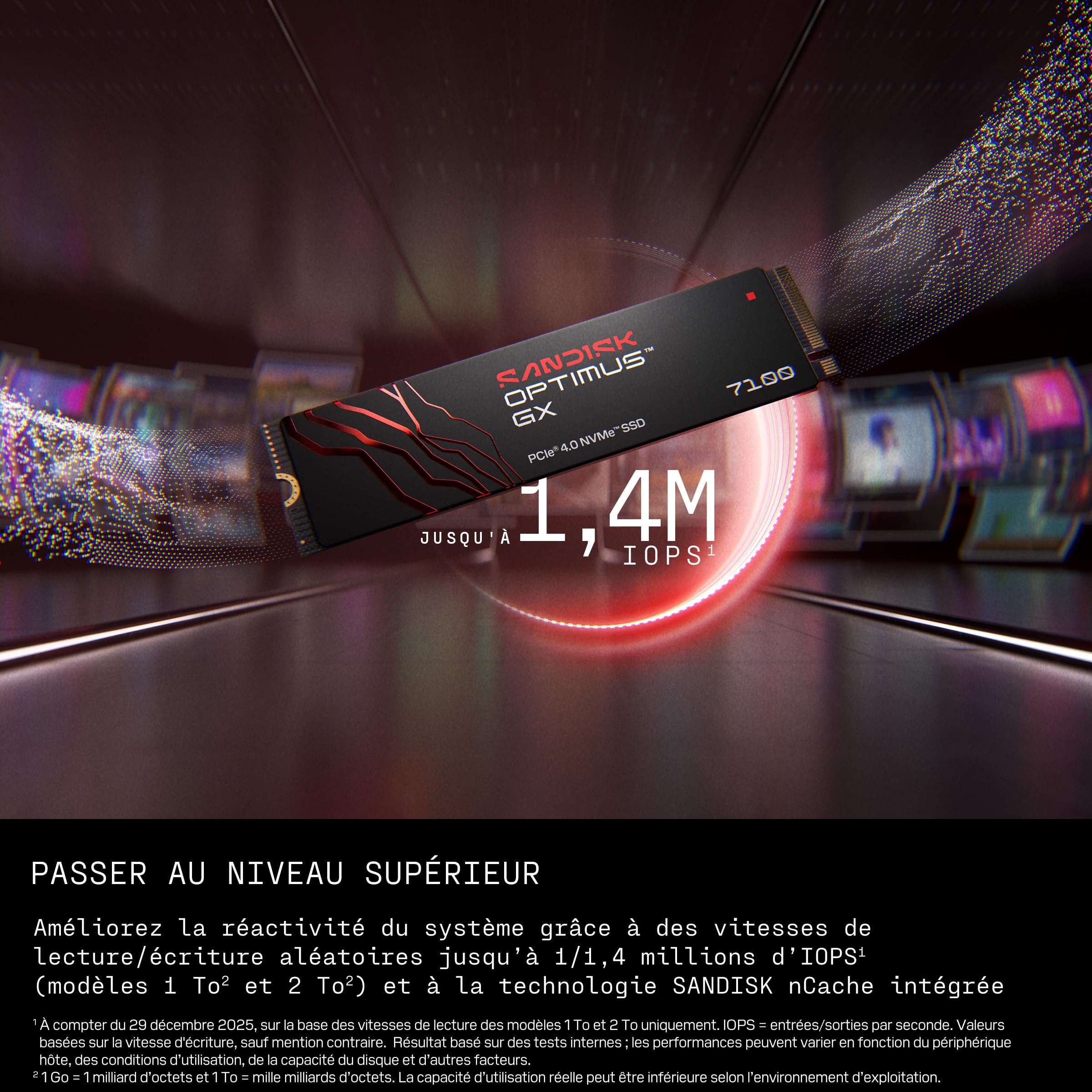 SANDISK Optimus GX 7100 NVMe SSD 500 Go (Jusqu’à 7 250/6 900 Mo/s Vitesses de Lecture/écriture séquentielles, PCIe 4.0, M.2 2280, BiCS TLC 3D CBA NAND, SANDISK Dashboard)