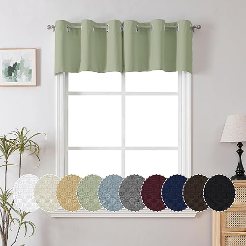 OVZME Cortinas de cocina 100% opacas de color verde salvia, cenefas de 14 pulgadas de largo, aislamiento térmico sólido con ojales y reducción de