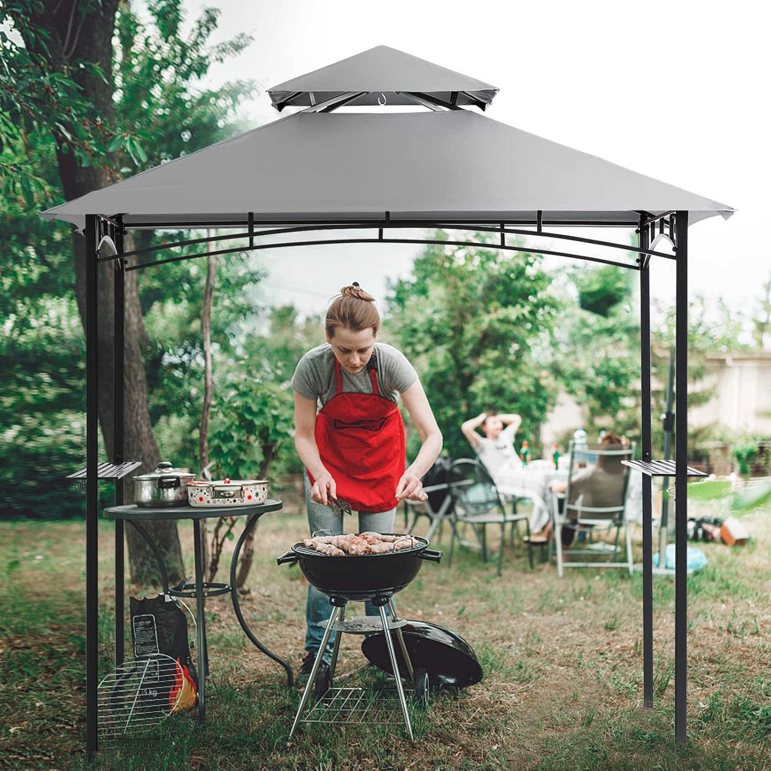 COOSHADE Grill Gazebo Replacement Canopy Roof Outdoor Double Tiered Barbecue Gazebo Top Cover Fit for Model L-GG001PST-F (Grey)