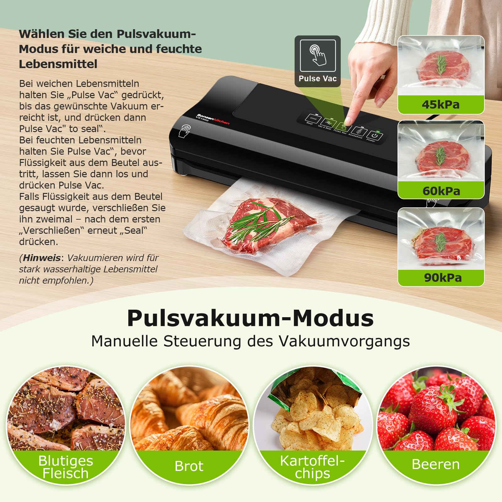 Bonsenkitchen Vakuumiergerät, Vakuumierer für Lebensmittel mit Vakuumbeuteln und Zubehörschlauch Schwarz