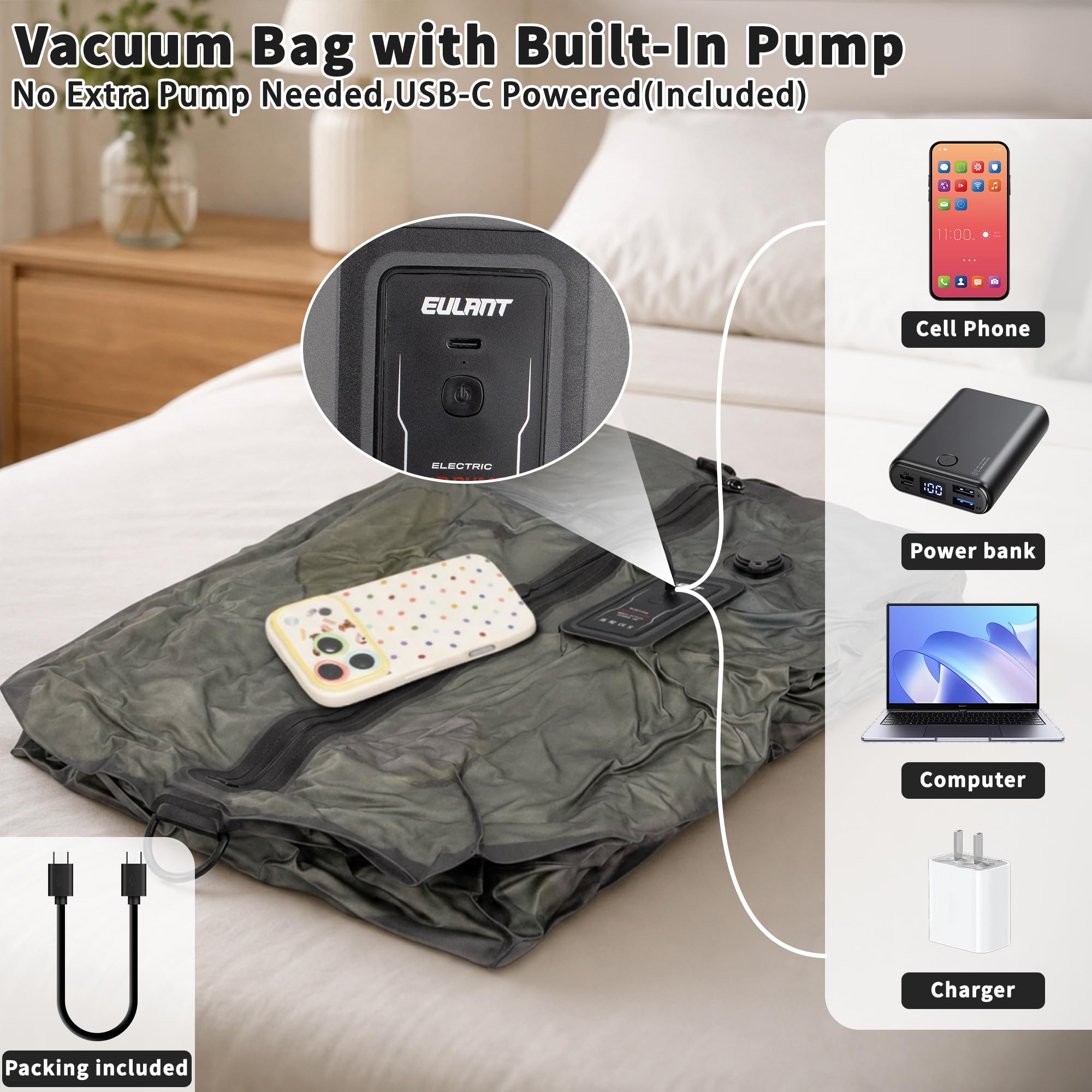 Sacs sous vide de voyage avec pompe intégrée, sacs de compression réutilisables IPX8, 1 pièce