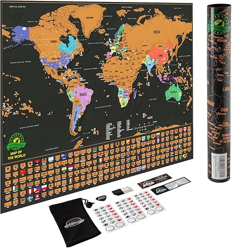 Póster de mapa del mundo para raspar con los estados de EstadosUnidos y las banderas de los países haz un seguimiento de tus aventuras Incluye