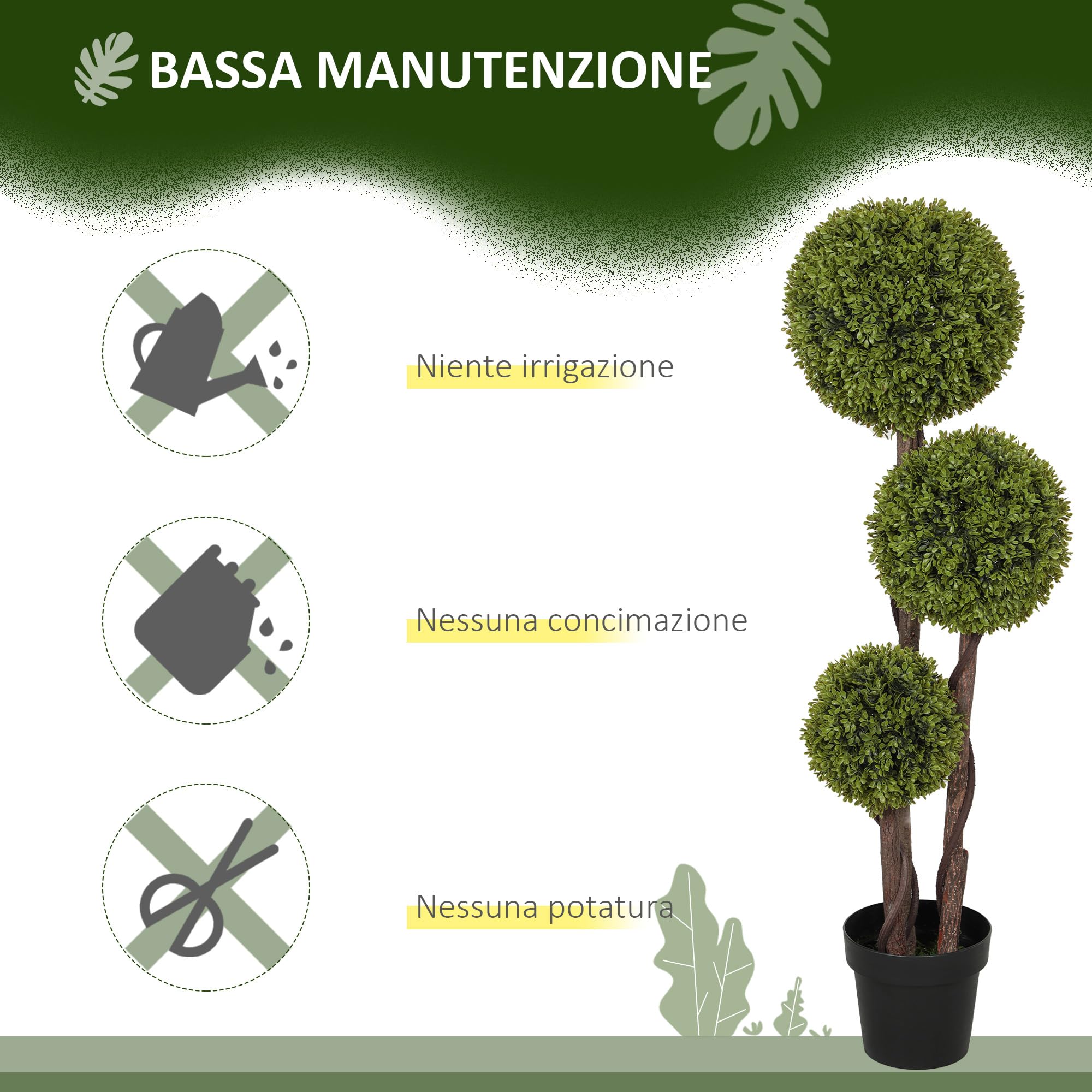 HOMCOM Pianta di Bosso Artificiale a 3 Sfere, Pianta Finta con Vaso Incluso e Fondo Rinforzato, Altezza 115 cm