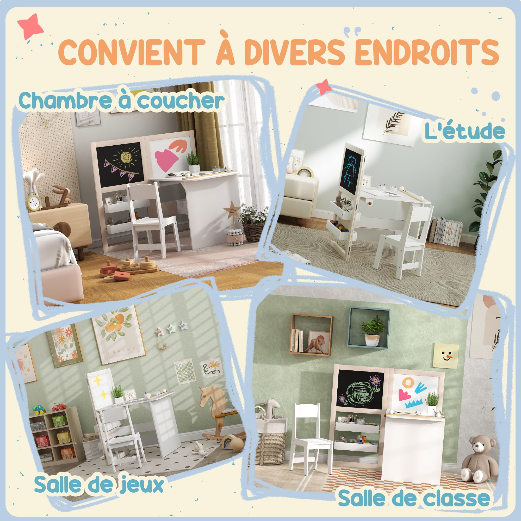 AIYAPLAY Ensemble Table Chaise Enfant 3 en 1 avec Chevalet Pliable, Table Activités et Jeux avec Rangement, 3-8 Ans, Blanc