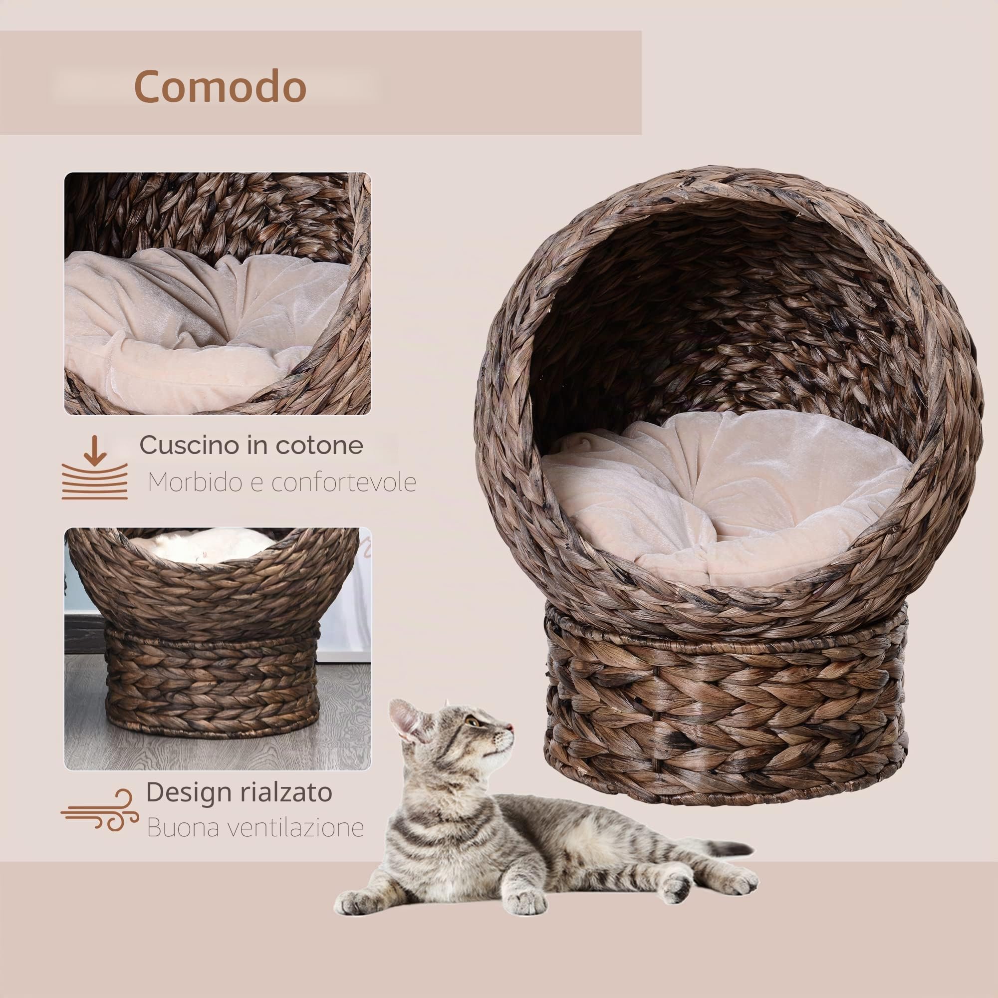 PawHut cesto per gatti in rattan rifugio per gatti grotta per gatti con cuscino letto per animali domestici in giacinto d'acqua per soggiorno marrone scuro 50 x 42 x 60 cm