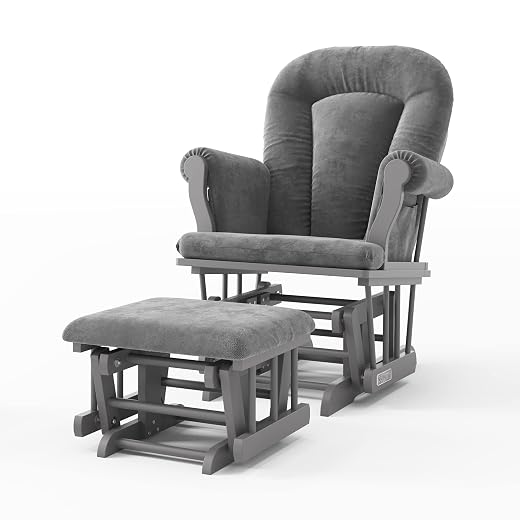Child Craft Cozy Glider Rocker and Ottoman Set, Padded Cushion with Convenient Storage Pockets, Solid Wood Base & Frame (Cool Gray with Dark Gray Cushion)
