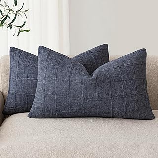 Foindtower Set of 2 Decorative Linen Check Throw Pillow Covers Neutral Farmhouse Lumbar Cushion Covers Modern Boho Home Decor for Sofa Chair Couch Bedroom Living Room,12×20 Inch,Navy Blue