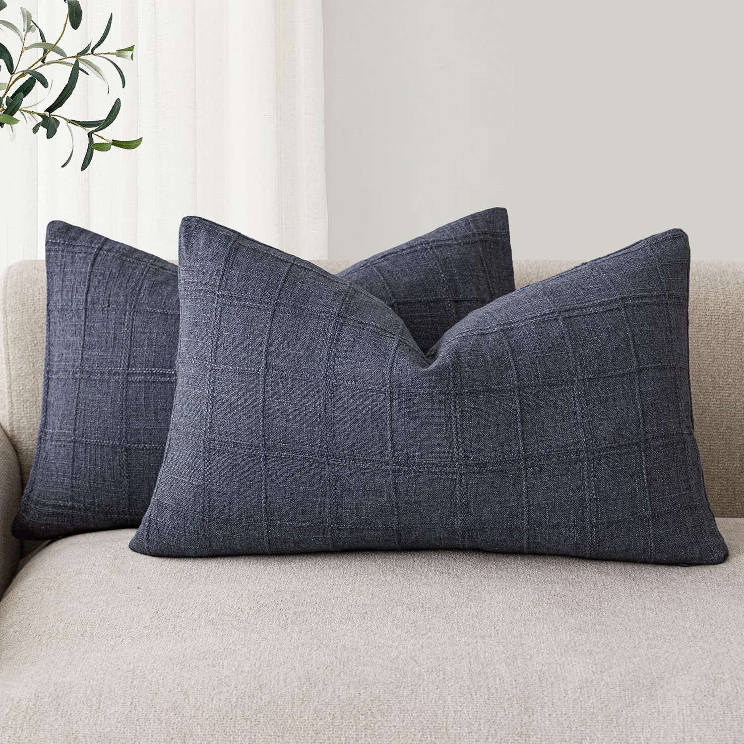 Foindtower Textured Linen Check Lumbar Throw Pillow Covers 12×24 Inch,Blue