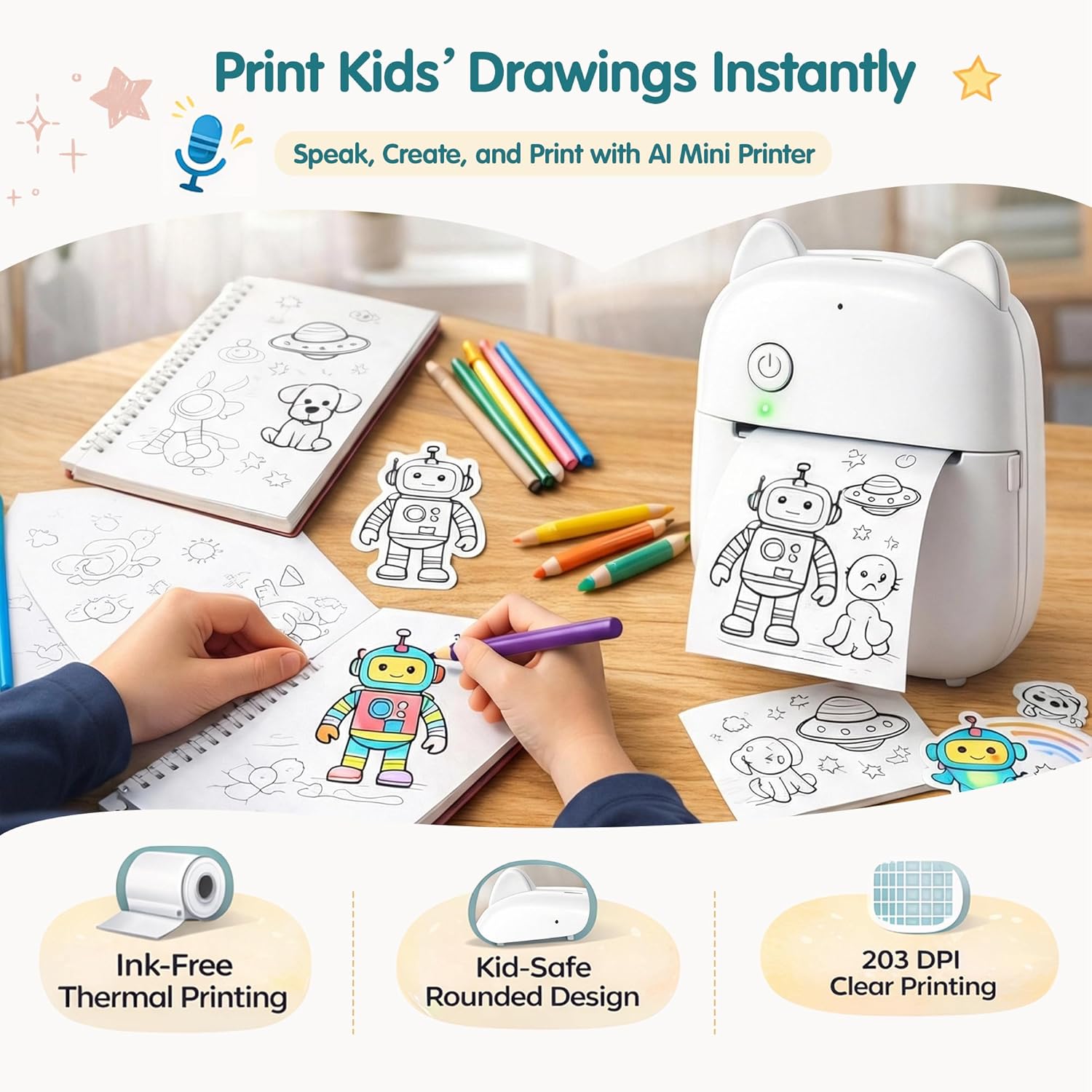 AI Sticker Printer, Mini Sticker Maker Machine for Kids and Adults, Portable Bluetooth Inkless Thermal Printer W/ 10 Rolls Thermal Paper, Pocket Photo & Label Maker for DIY, Journals, Study Notes