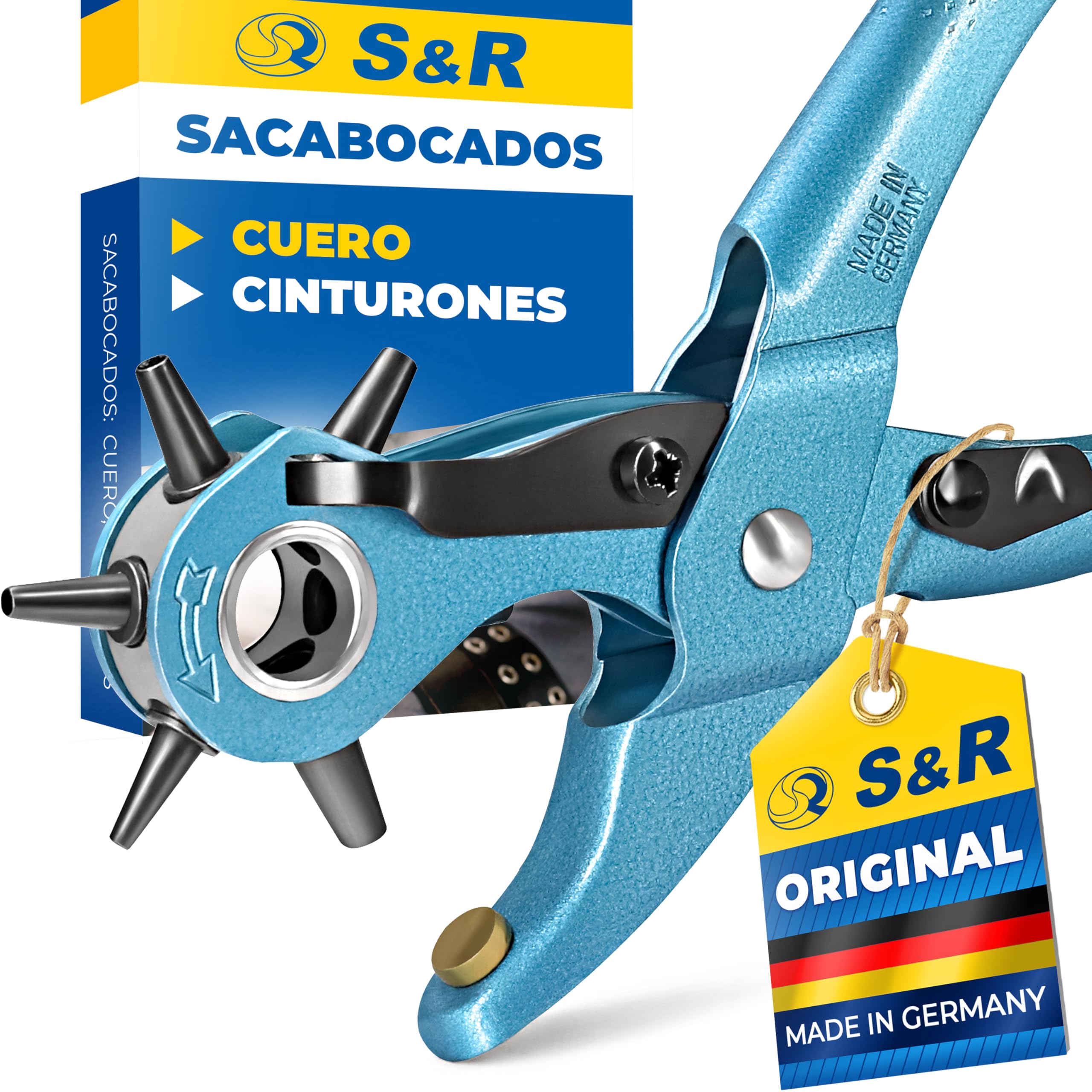 S&R Alicate Sacabocados para Agujeros Cinturones y Cuero. MADE IN GERMANY. Punzones de 2/2,5/3 /3,5/4 /4,5 mm