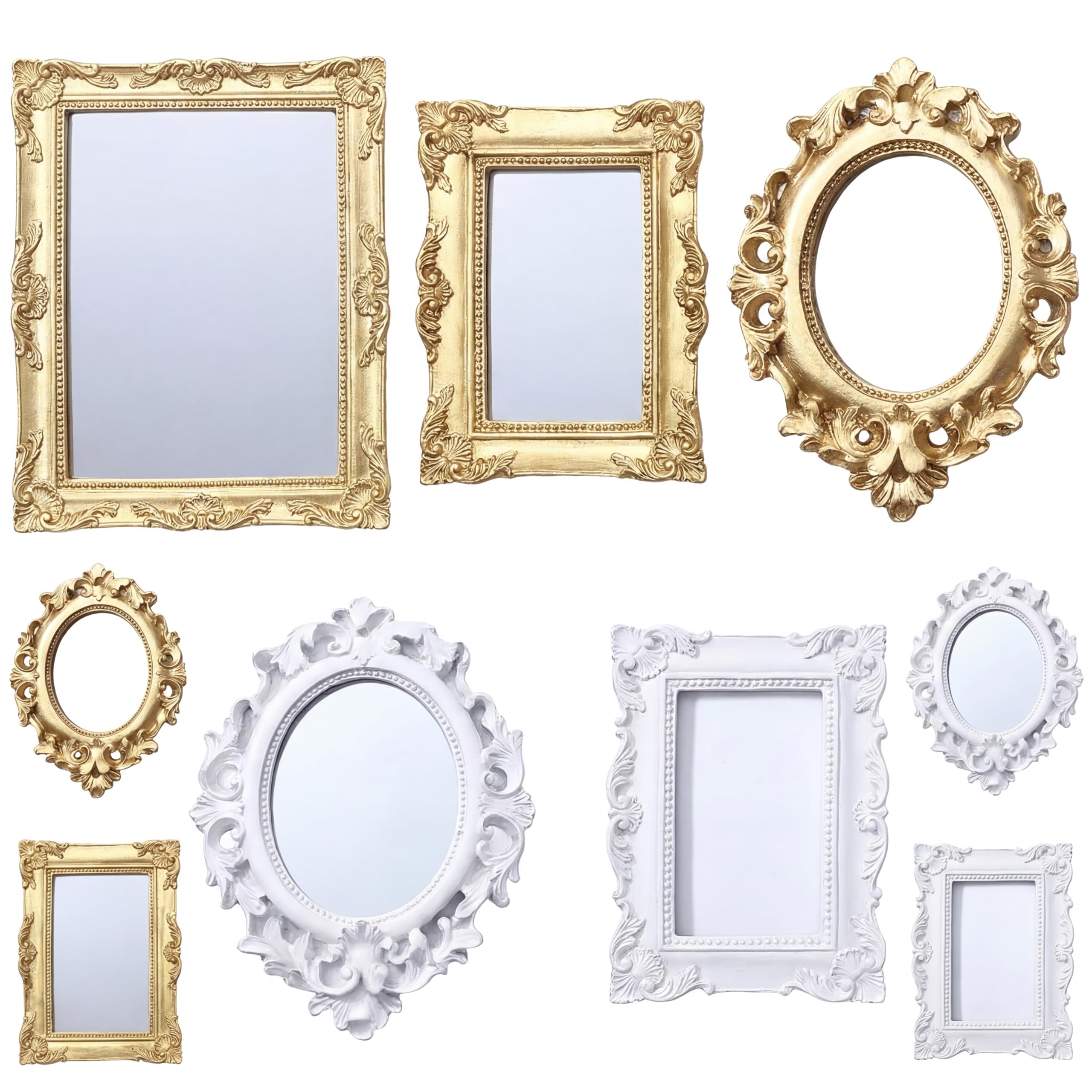 5 Pieces Miniature Dollhouse Mirror European Frame Mirror Dollhouse Victorian Baroque Wall Decor Miniature Bedroom Mini Furniture Accessory for 1/12 Dollhouse Decor, Gold and Silver