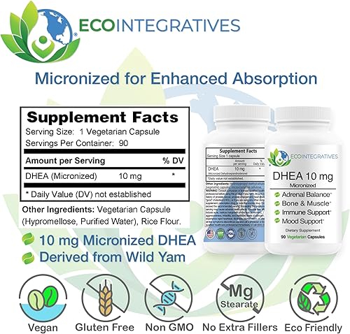 Miniatura 2 de DHEA Suplemento micronizado de 10 mg para apoyo hormonal – Salud suprarrenal, densidad ósea y salud muscular para hombres y mujeres – Sin OMG, sin
