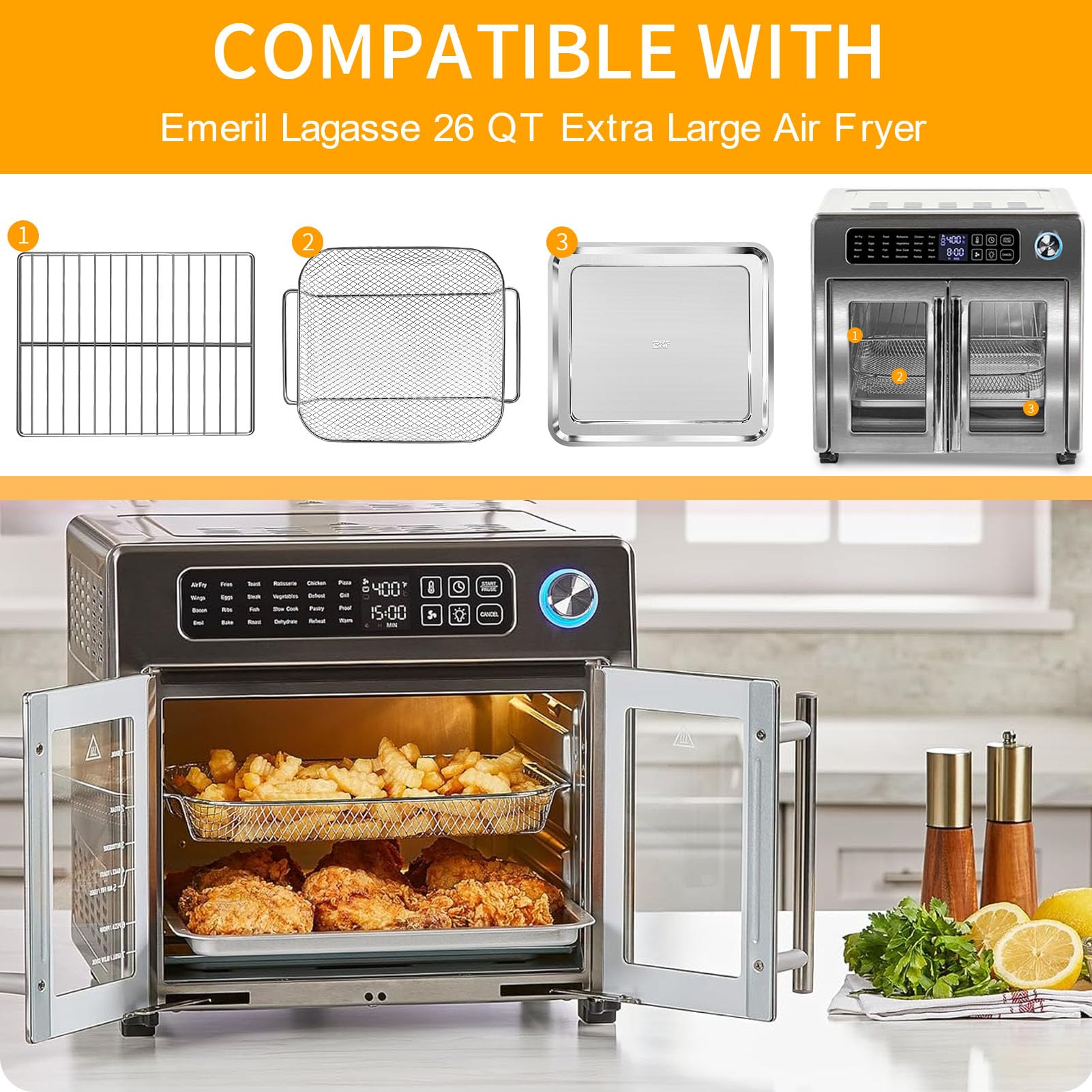 3-teiliges Set, Backform, Frittierkorb, Drahtgestell für Emeril Lagasse 26QT, extra große Luftfritteuse, Konvektionstoaster, Ofen, Lebensmittelqualität, Stahl, Luftfritteuse, Zubehör,