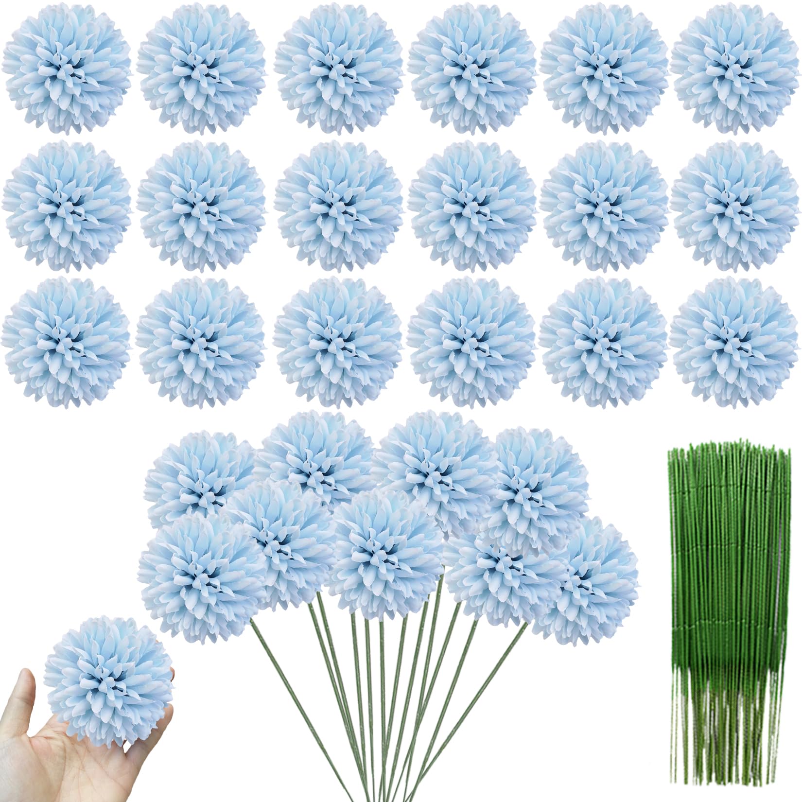 HinyoCo 30 Pcs Artificial Chrysanthemums Heads Ball Flowers，Silk Chrysanthemum Ball Bouquet White Bouquets Hydrangea for Home Office Coffee House Parties and Wedding (Blue)
