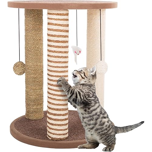 Cat Scratching Post - 3 Scratcher Posts with Carpeted Base Play Area and Perch - Furniture Scratching Deterrent for Indoor Cats by PETMAKER (Brown), Large