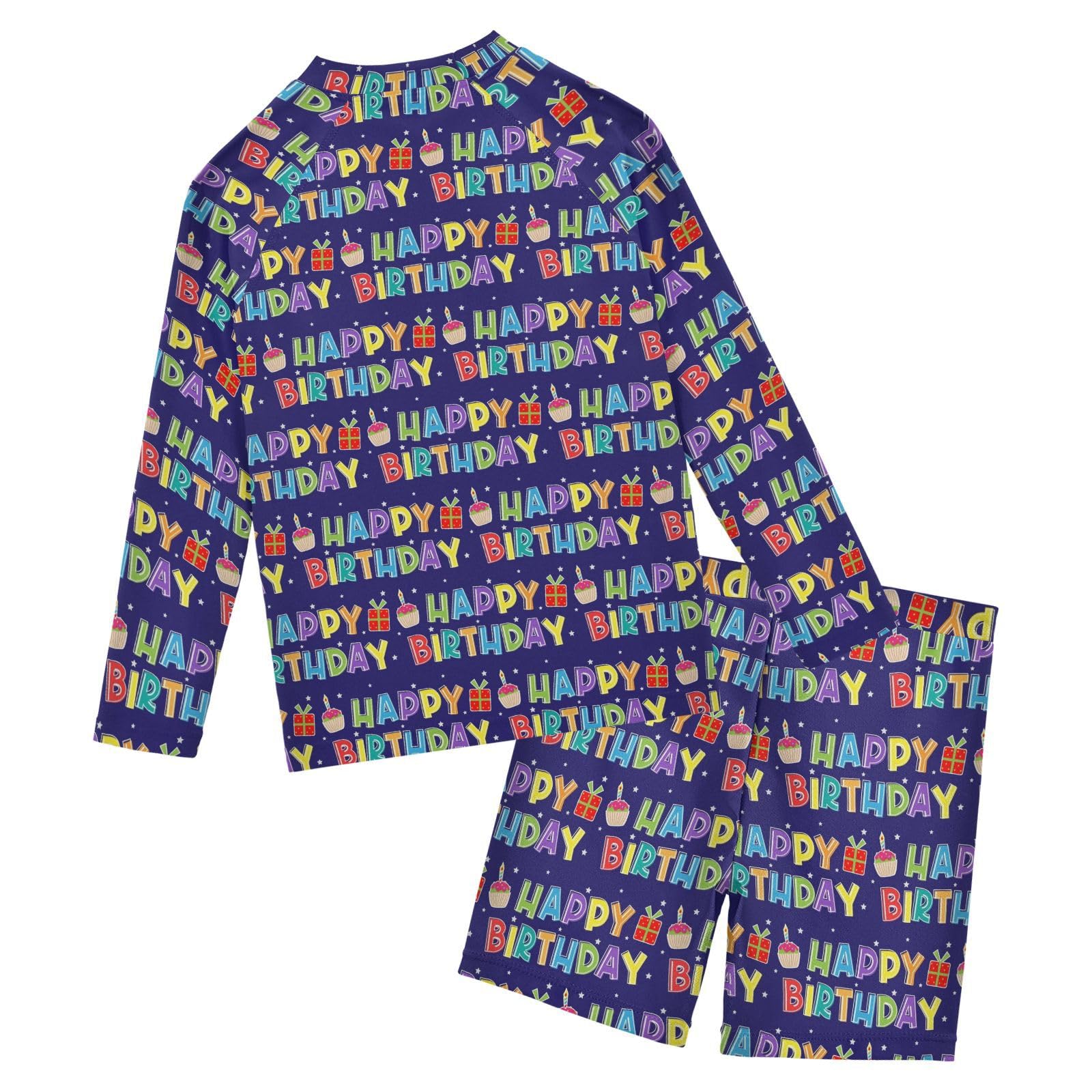 Colorful Happy Birthday Boys Swimsuit Rash Guard Toddler Kids Long Sleeve Swim Shirt and Trunks 2 Piece Swimwear Set 7-8Y