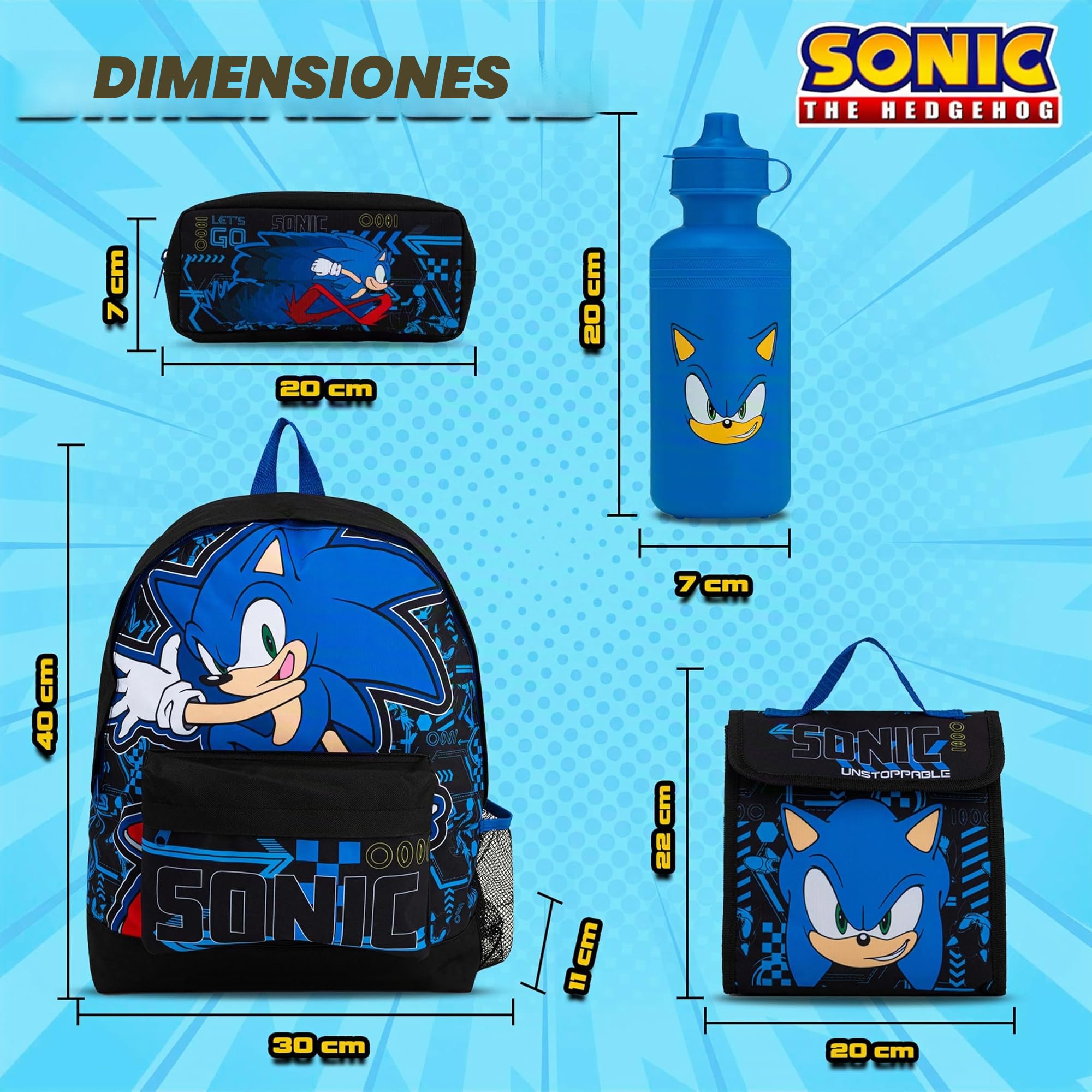Mochila escolar Sonic The Hedgehog con bolsa de almuerzo, estuche y botella de agua, para niños con correas acolchadas ajustables