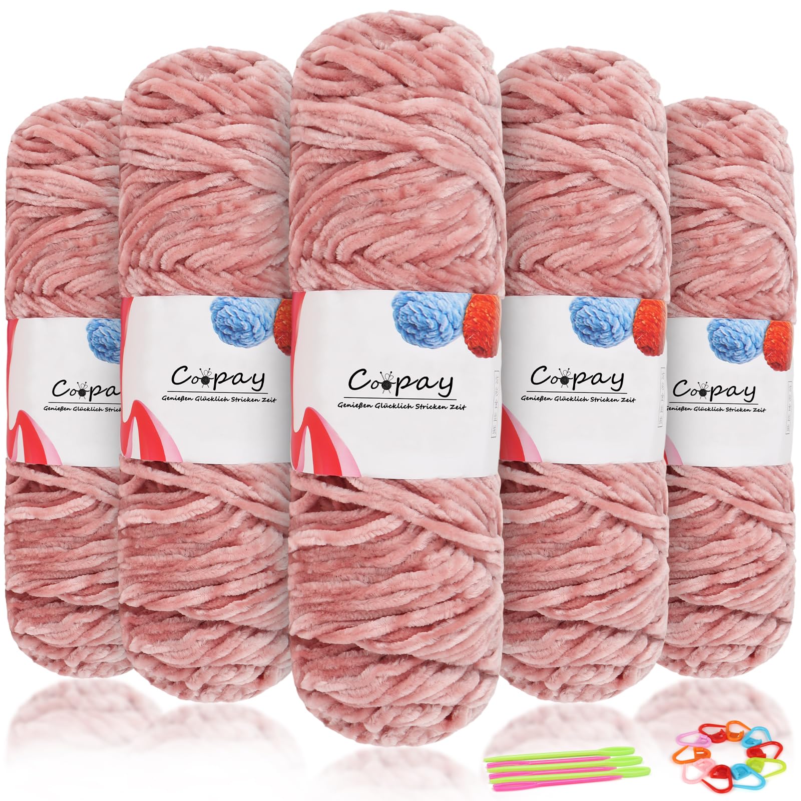 Coopay Samt Chenille Wolle zum Häkeln, 500g (5x100g) Velvet Chenillegarn, Dicke Wolle zum Stricken, Flauschige Weiche Samtig Chenillewolle mit Häkelzubehör für Schals, Decken - Hautpulver