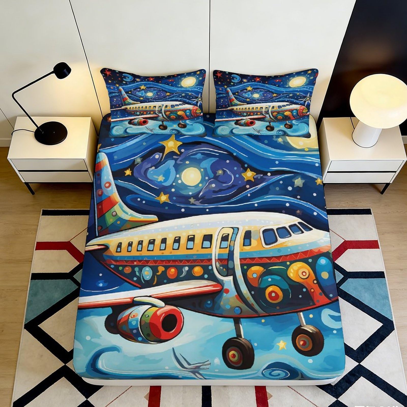 3D Printing Aircraft Galaxy Fitted Sheet Microfiber Deep Pocket Bedroom Bedding Airplane Mattress Fitted Cover Non-Slip 200x200x25cm